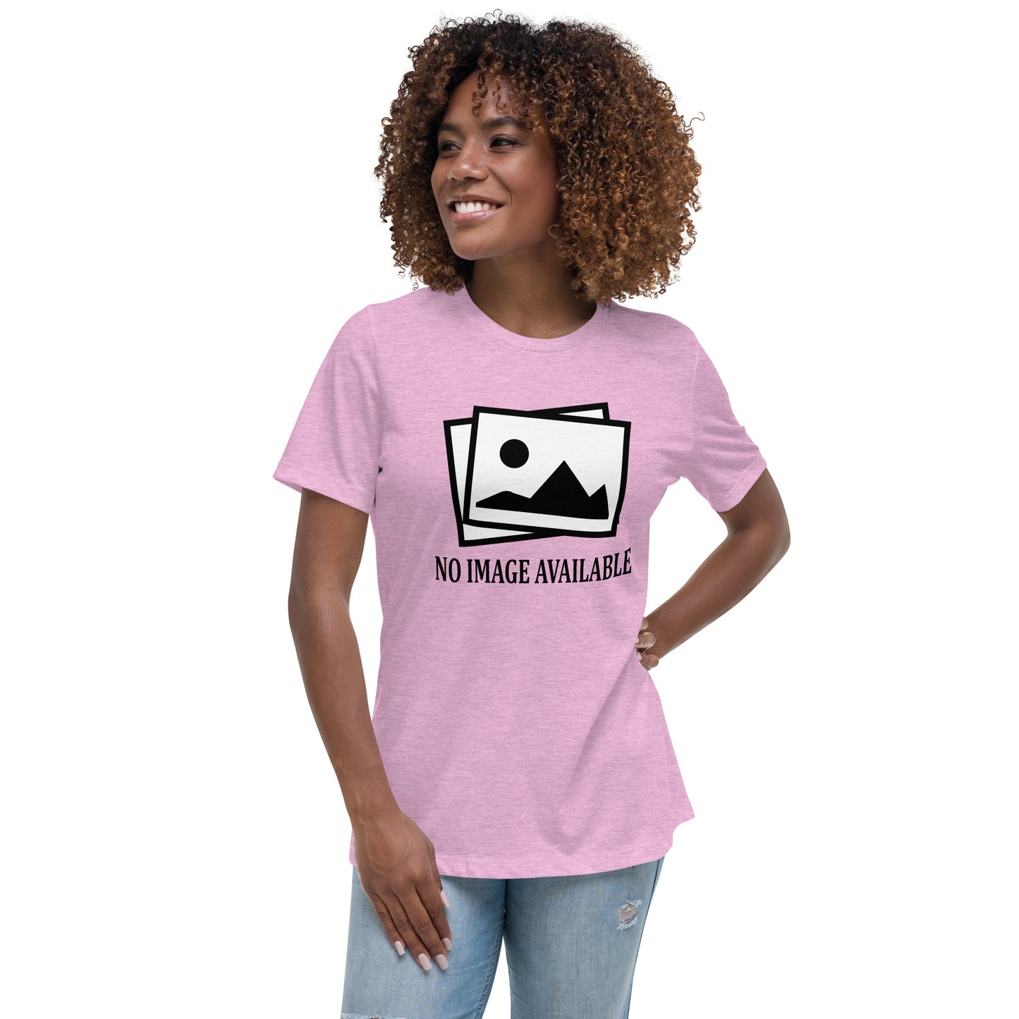 Women with lilac t-shirt with image and text "no image available"