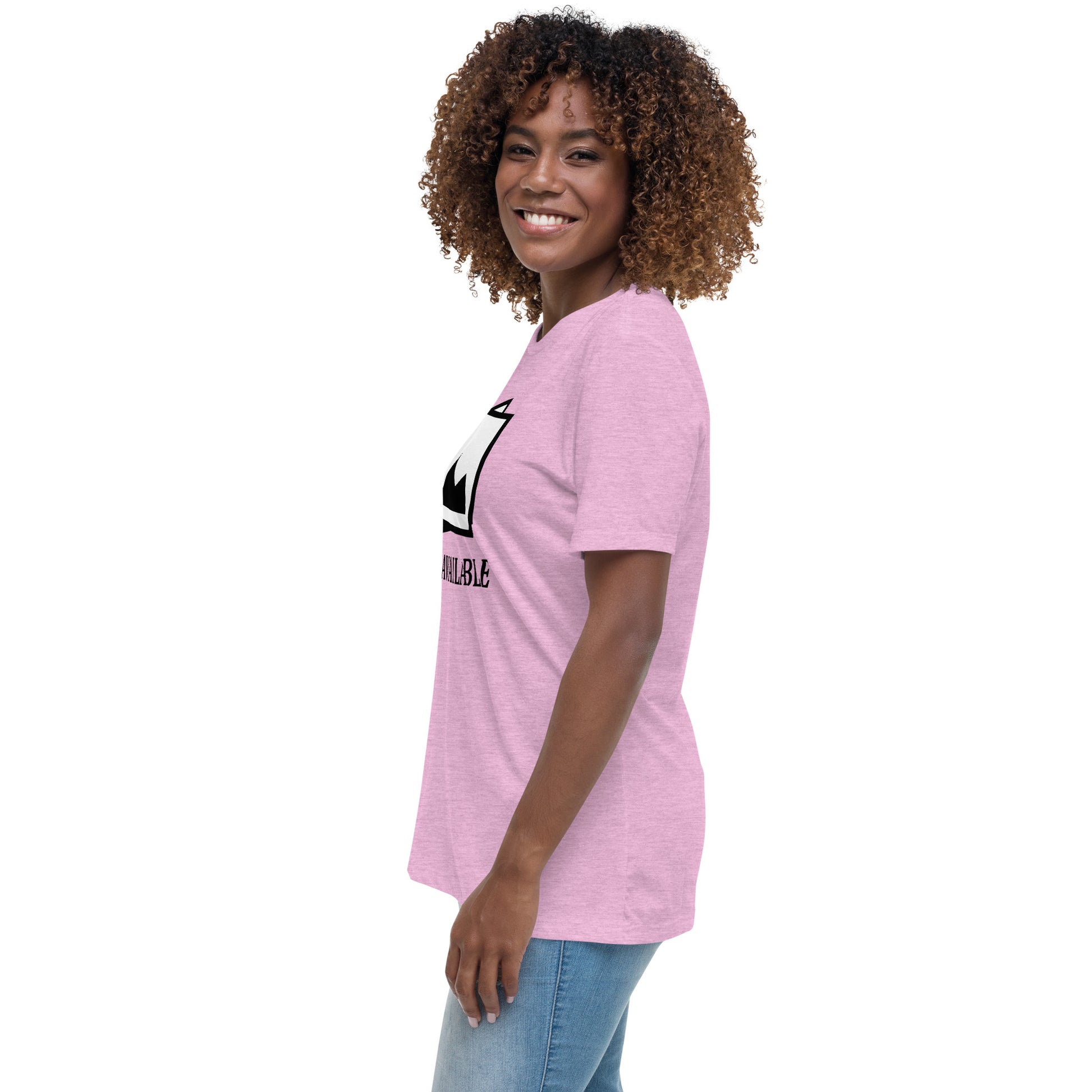 Women with lilac t-shirt with image and text "no image available"