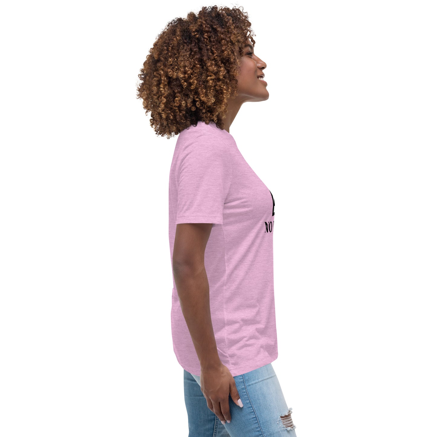 Women with lilac t-shirt with image and text "no image available"