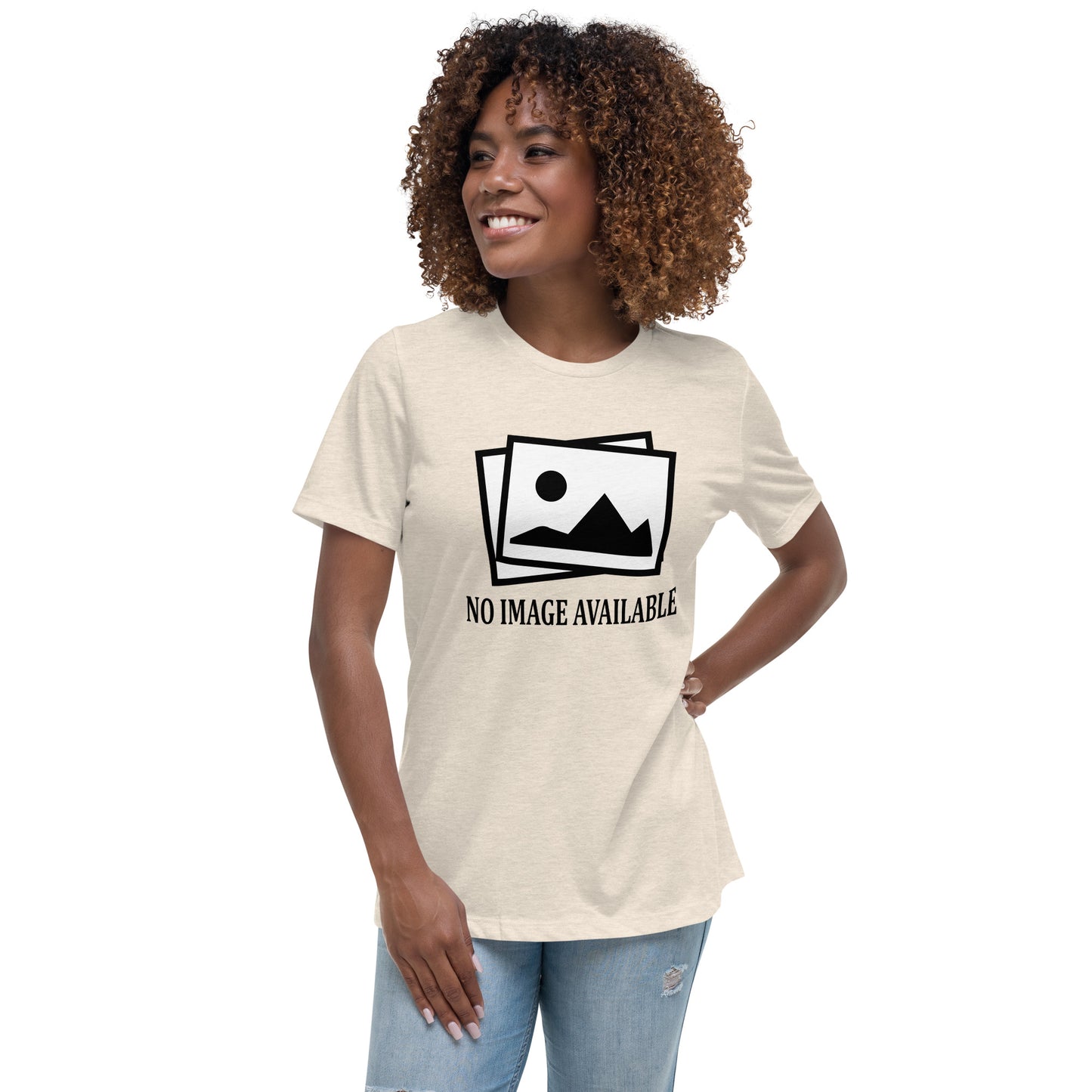 Women with citron t-shirt with image and text "no image available"