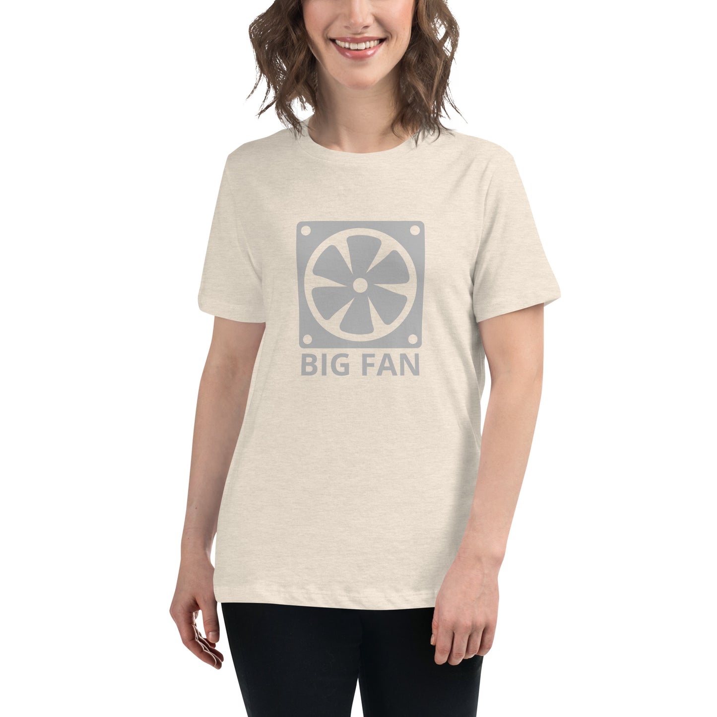 Women with prism natural t-shirt with image of a big computer fan and the text "BIG FAN"