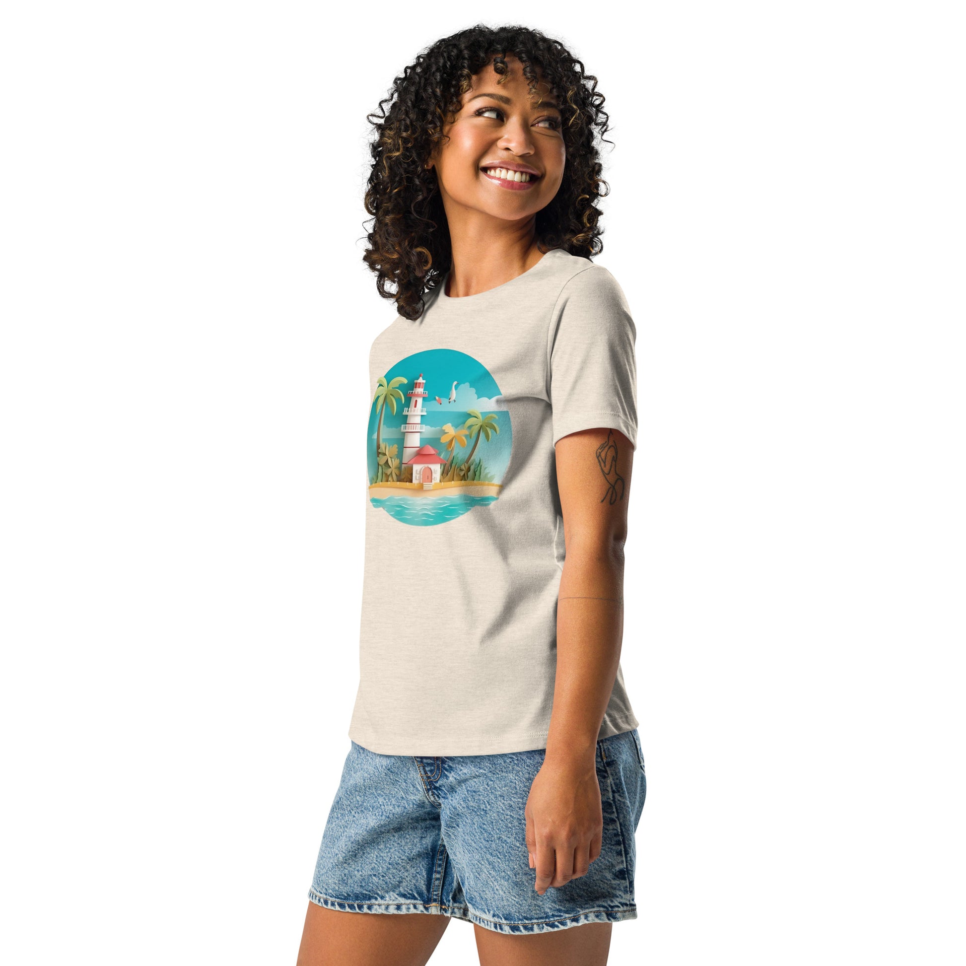 Woman with prism t-shirt with picture of lighthouse and palm trees