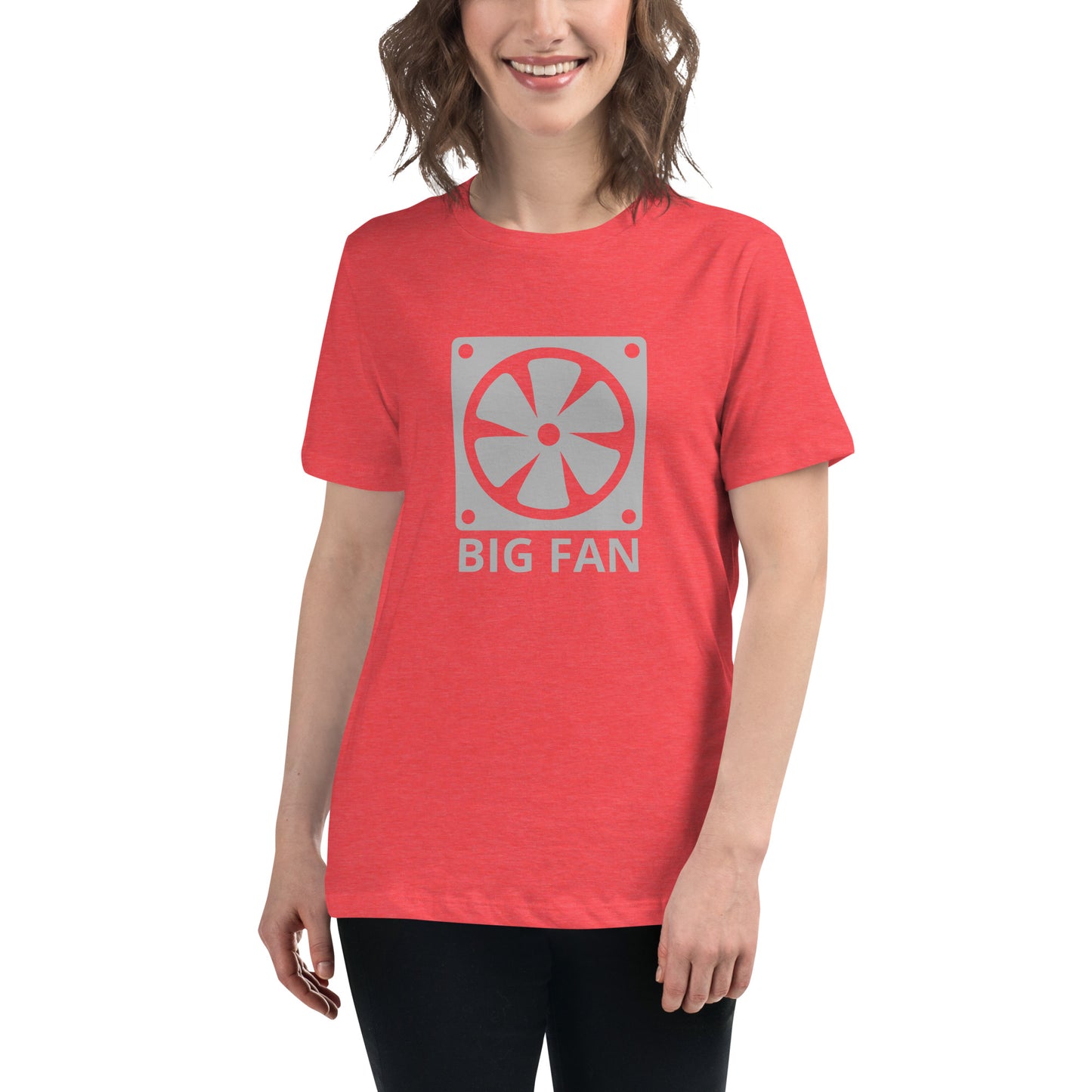 Women with red t-shirt with image of a big computer fan and the text "BIG FAN"