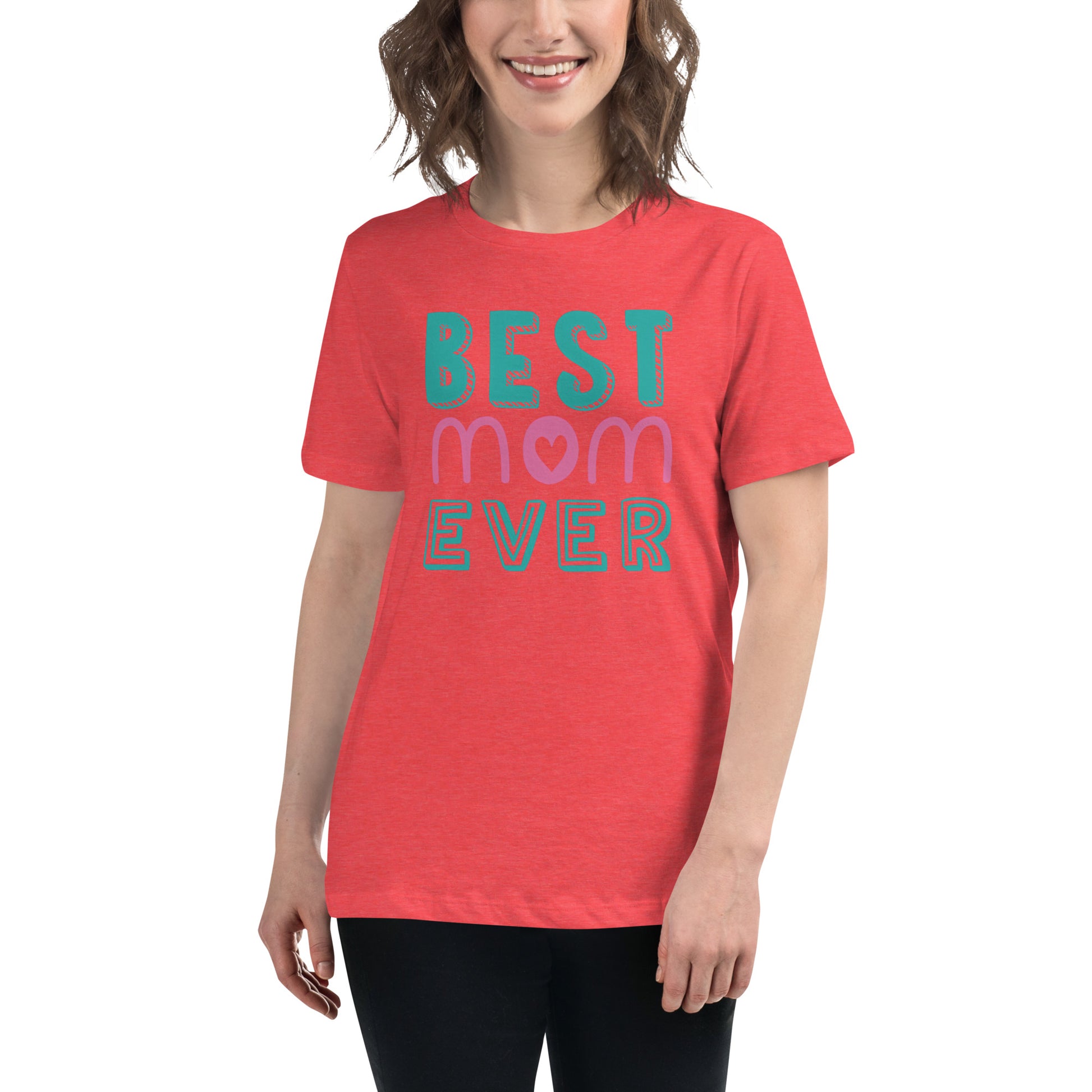 Women with red Tshirt with text best MOM Ever