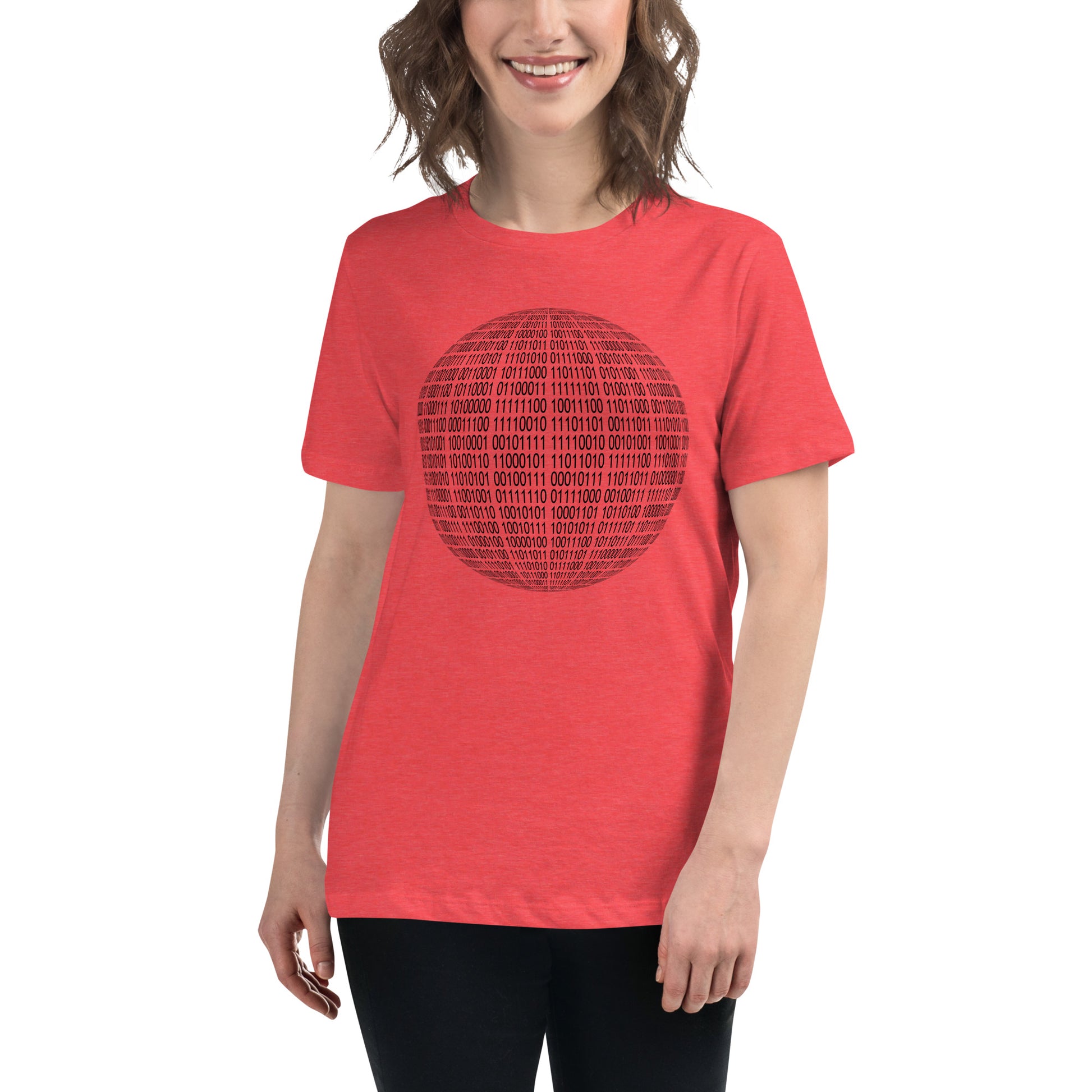 Women with heather red T-shirt with binaire sphere