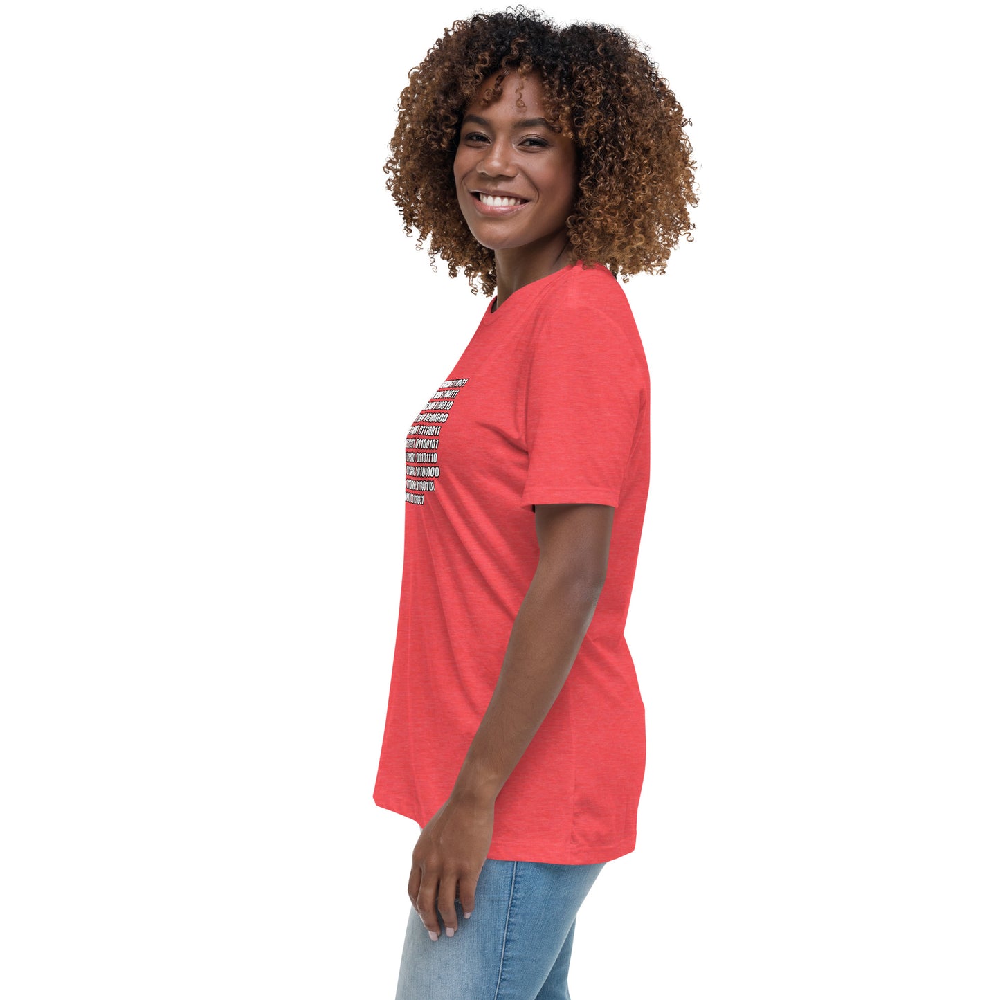 Woman with red t-shirt with binary code "If you can read this"