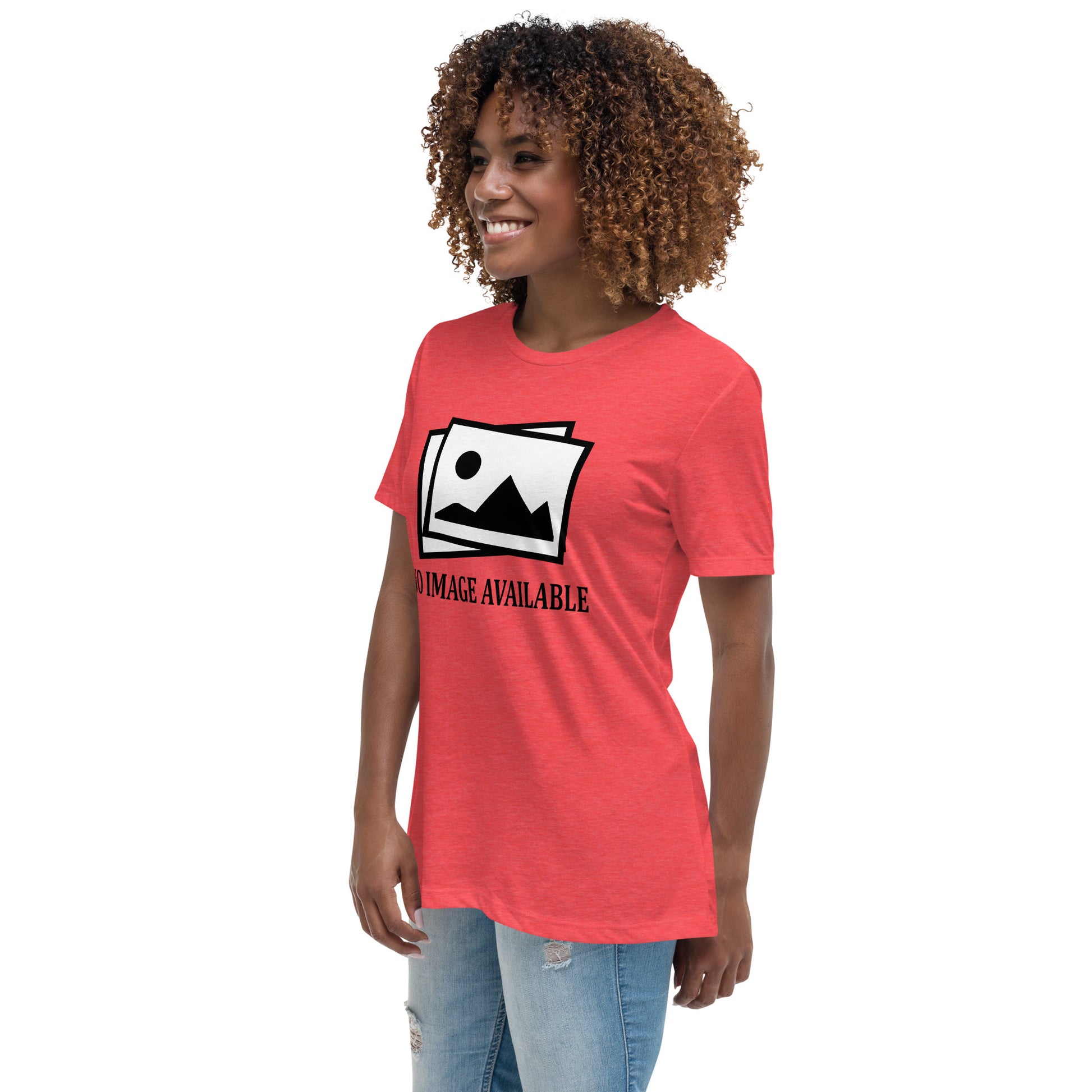 Women with red t-shirt with image and text "no image available"