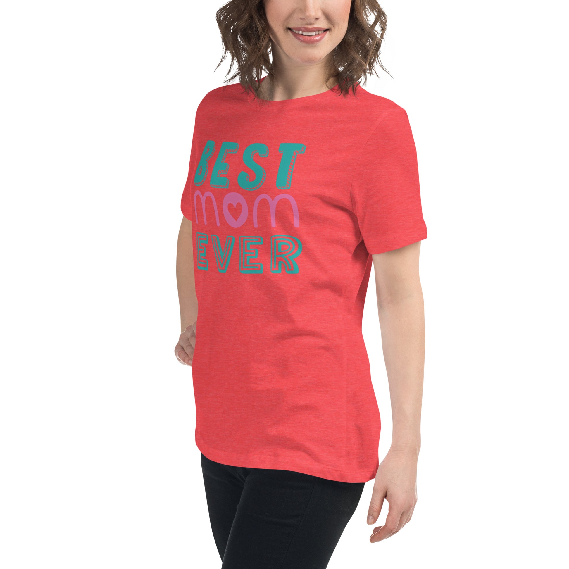 Women with red Tshirt with text best MOM Ever