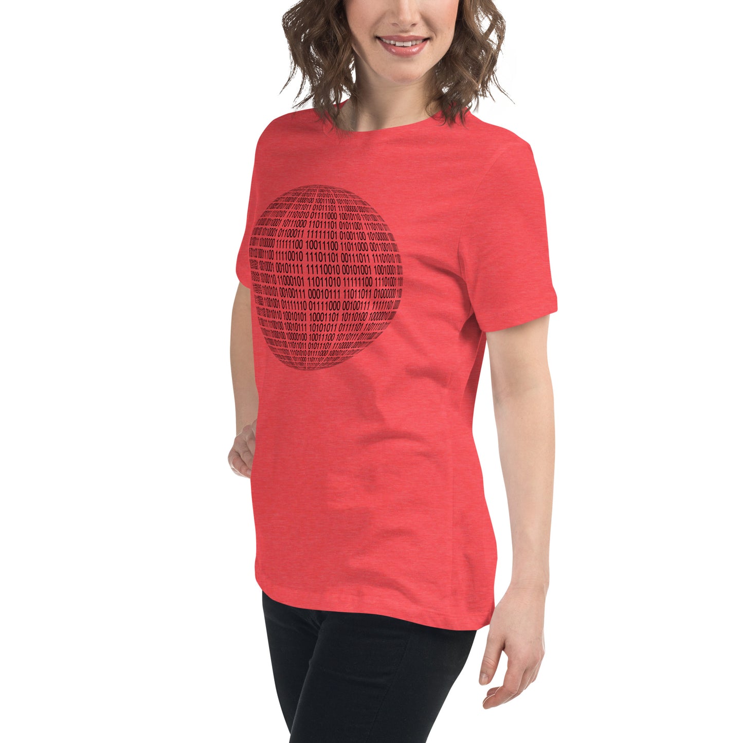 Women with heather red T-shirt with binaire sphere