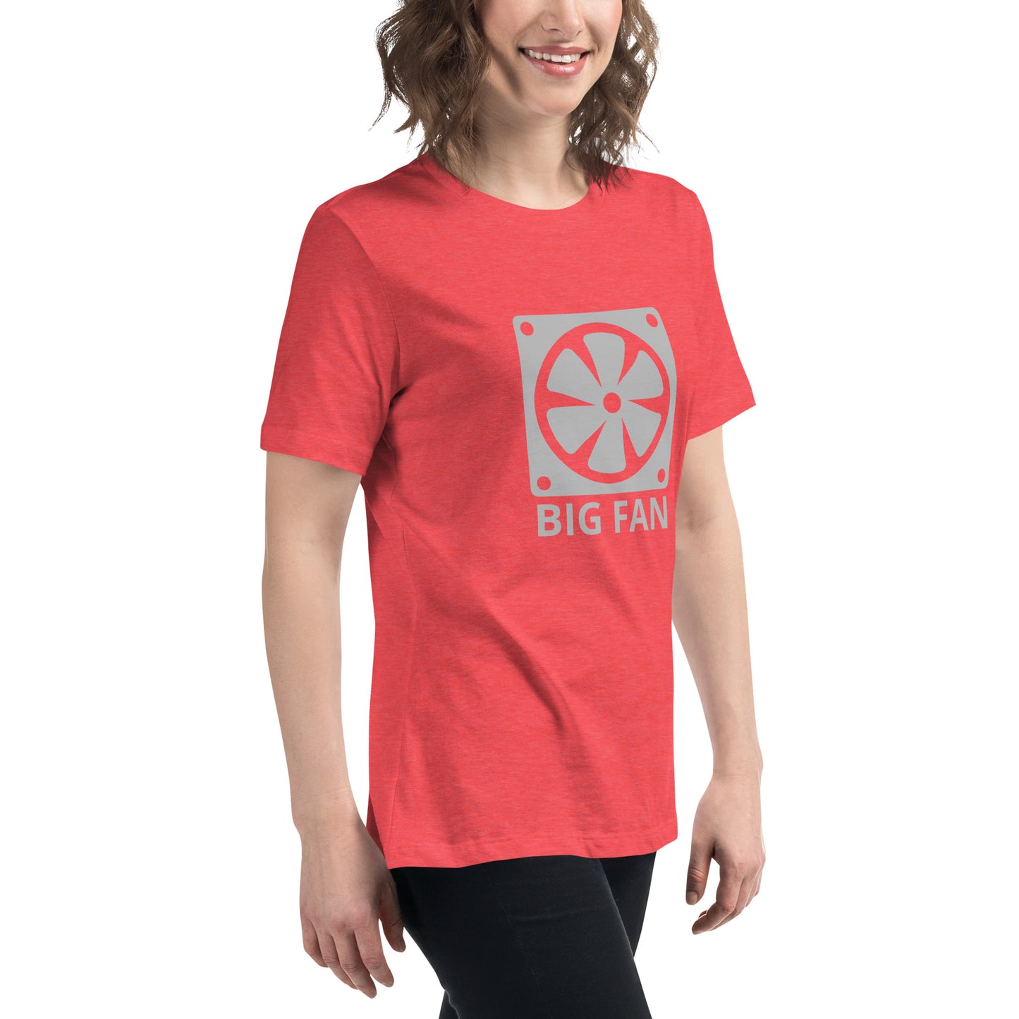 Women with red t-shirt with image of a big computer fan and the text "BIG FAN"