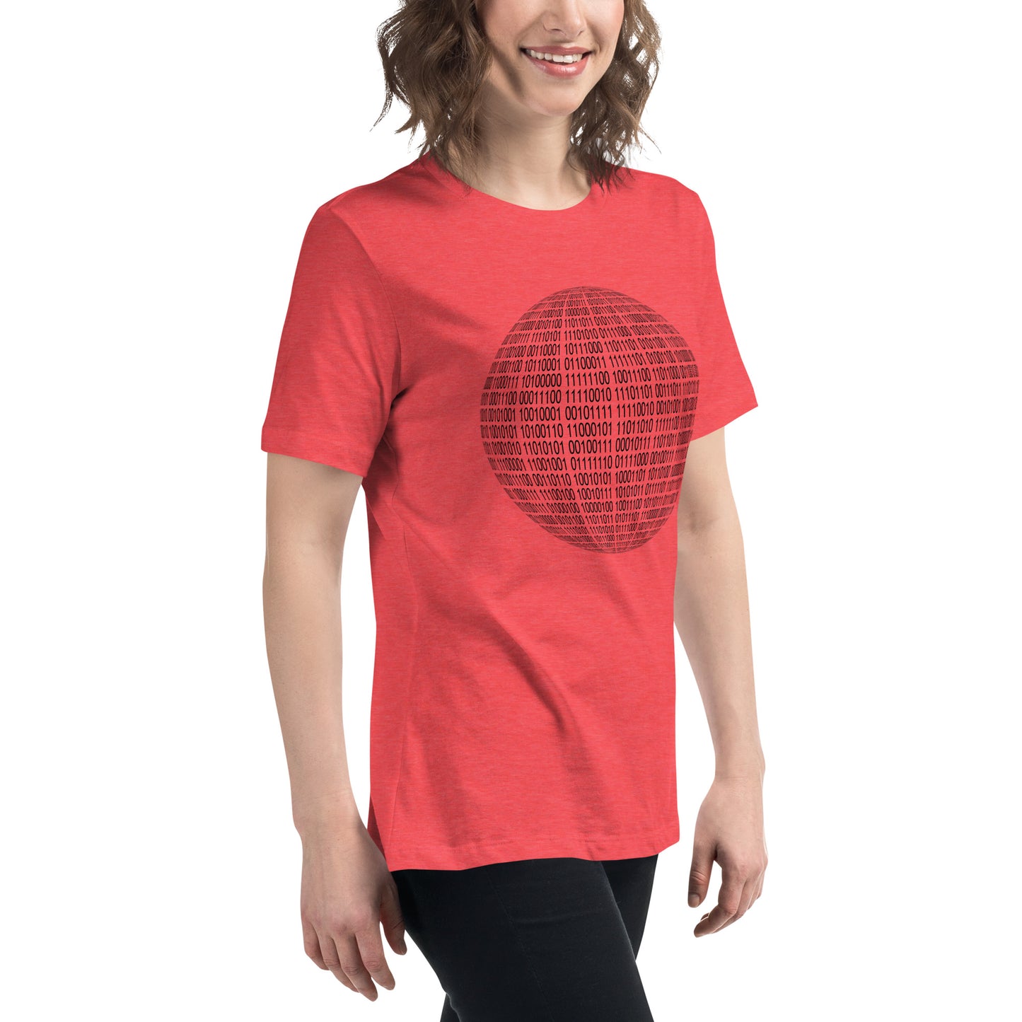 Women with heather red T-shirt with binaire sphere