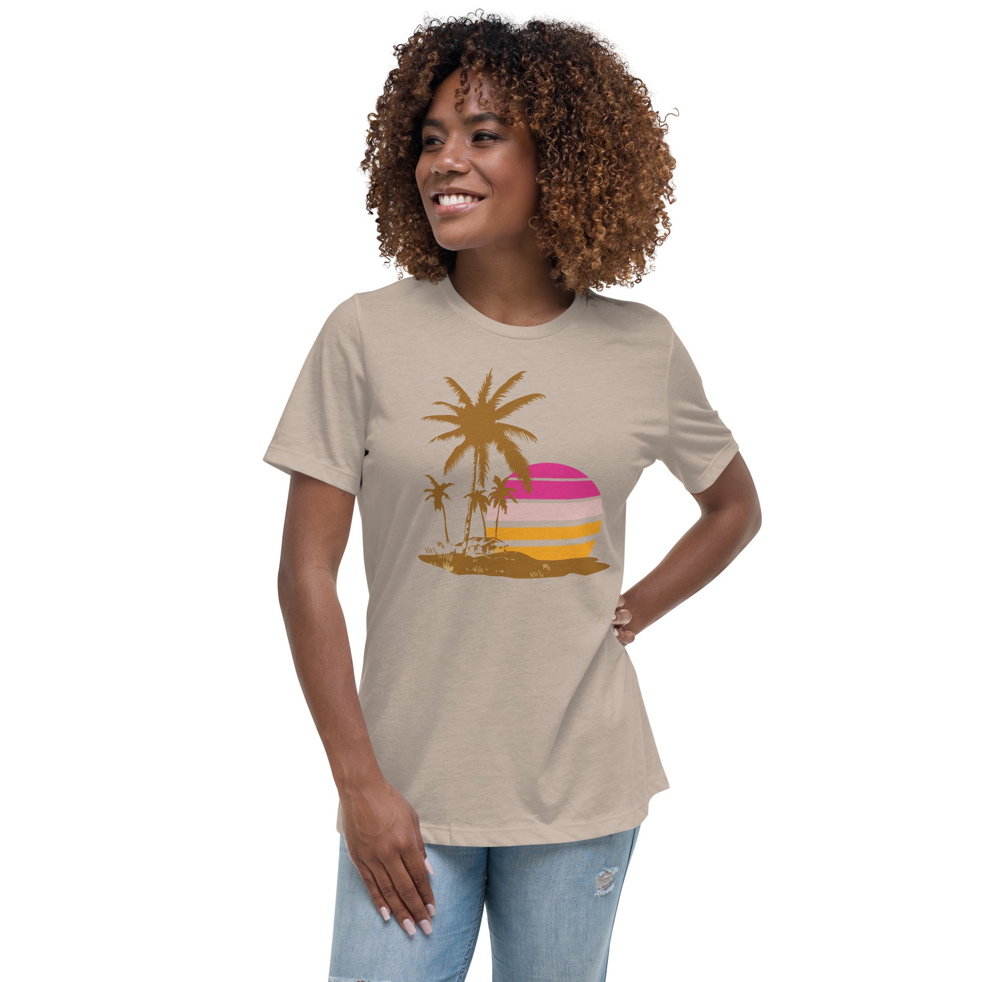 Woman with stone T-shirt and a picture of brown palm trees and a pink sunset