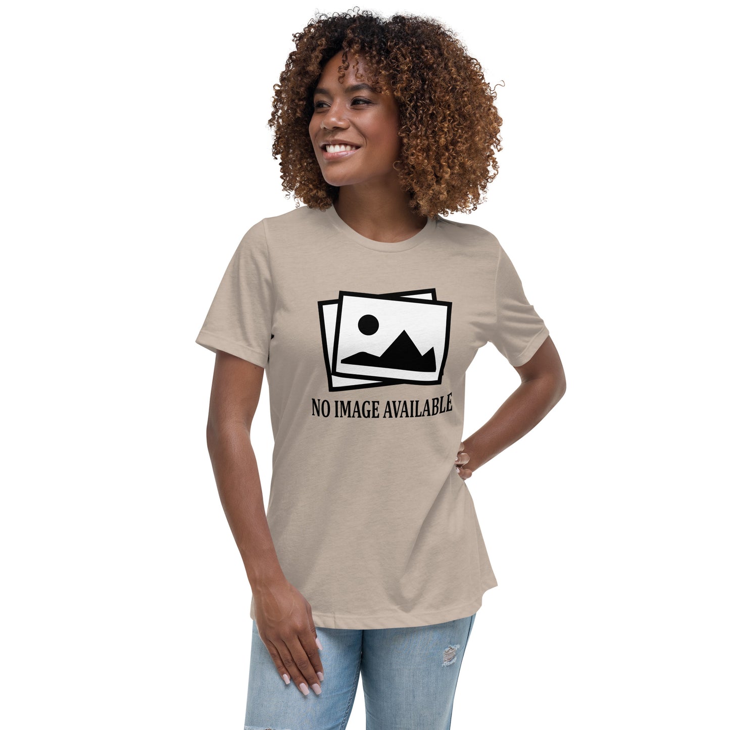 Women with stone t-shirt with image and text "no image available"