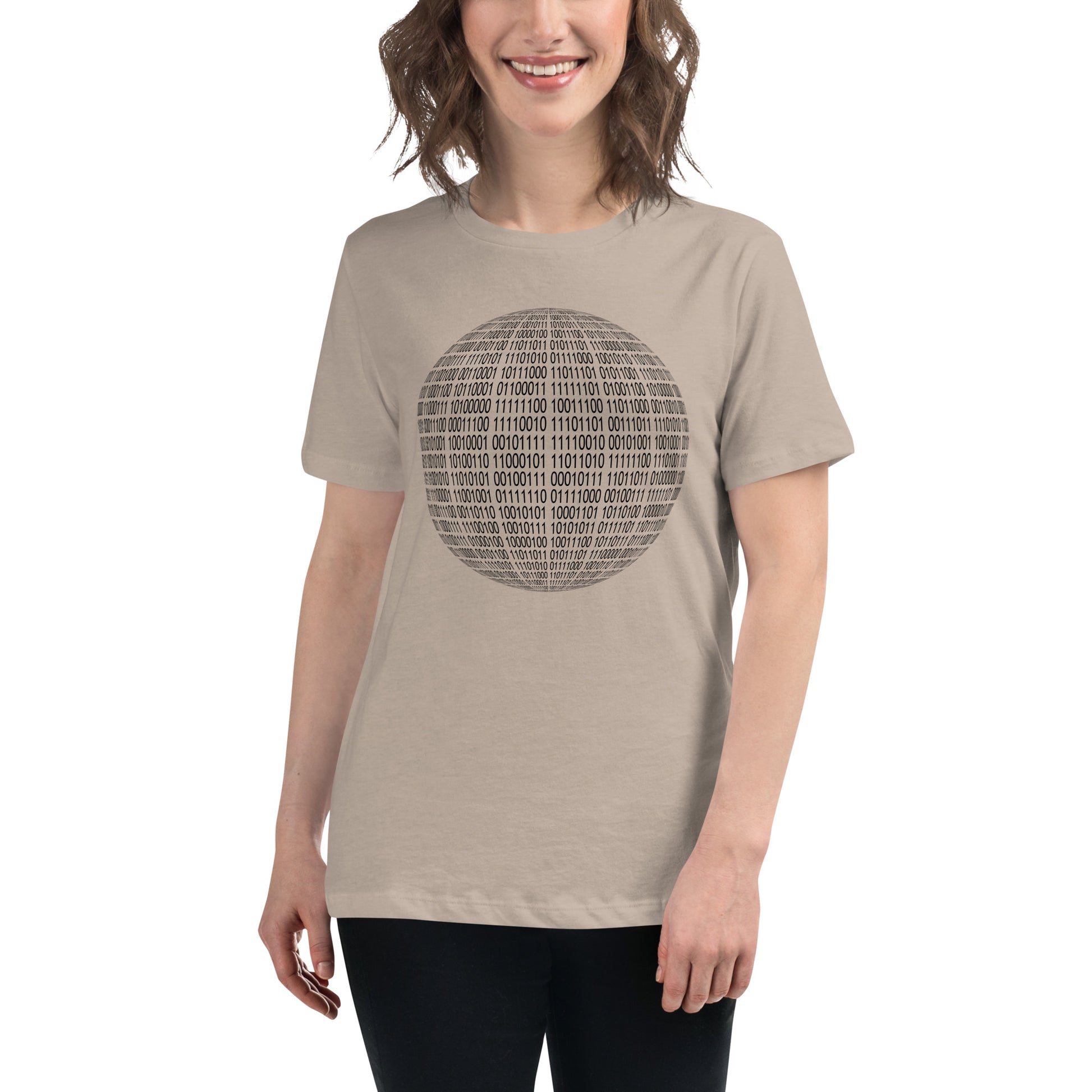 Women with heather stone T-shirt with binaire sphere