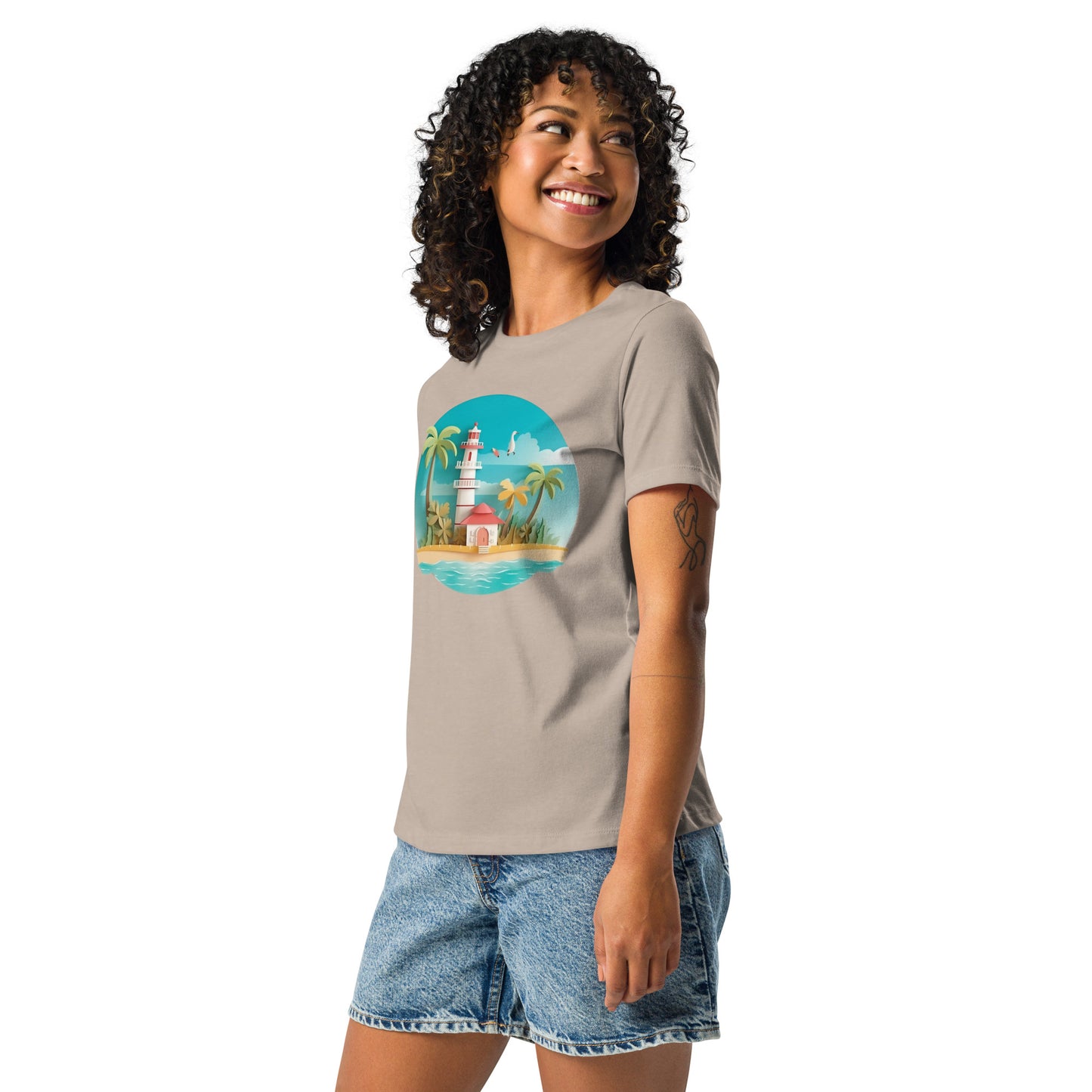 Woman with stone t-shirt with picture of lighthouse and palm trees