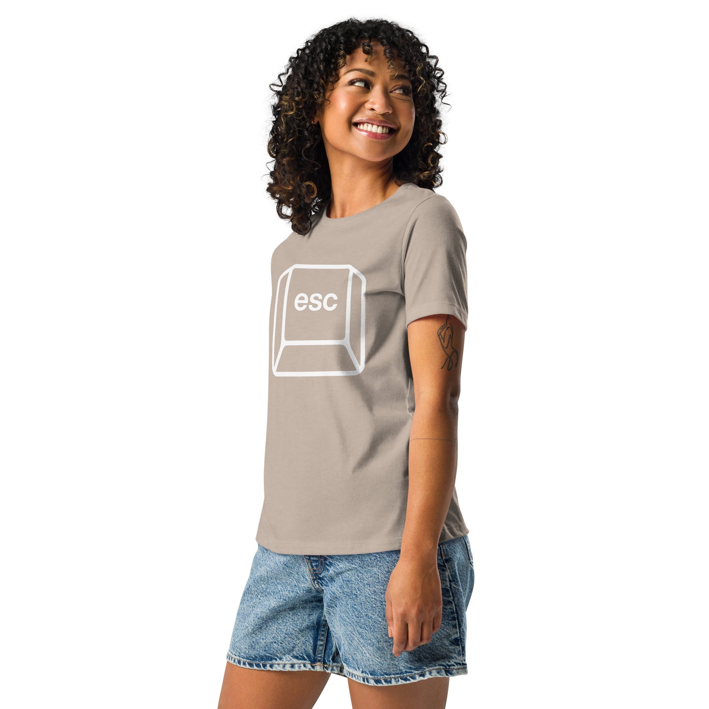 Woman with stone t-shirt with picture of esc key