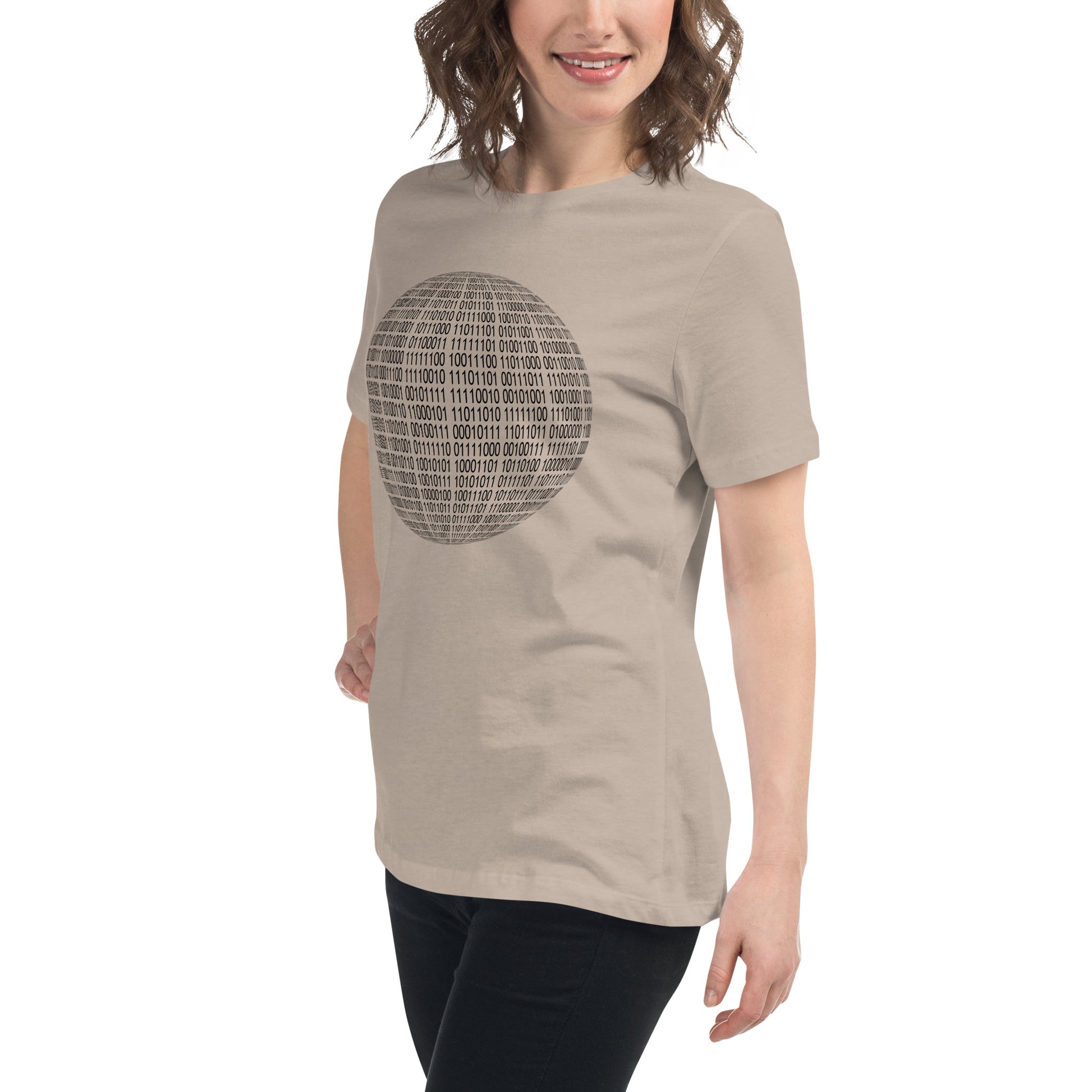 Women with heather stone T-shirt with binaire sphere