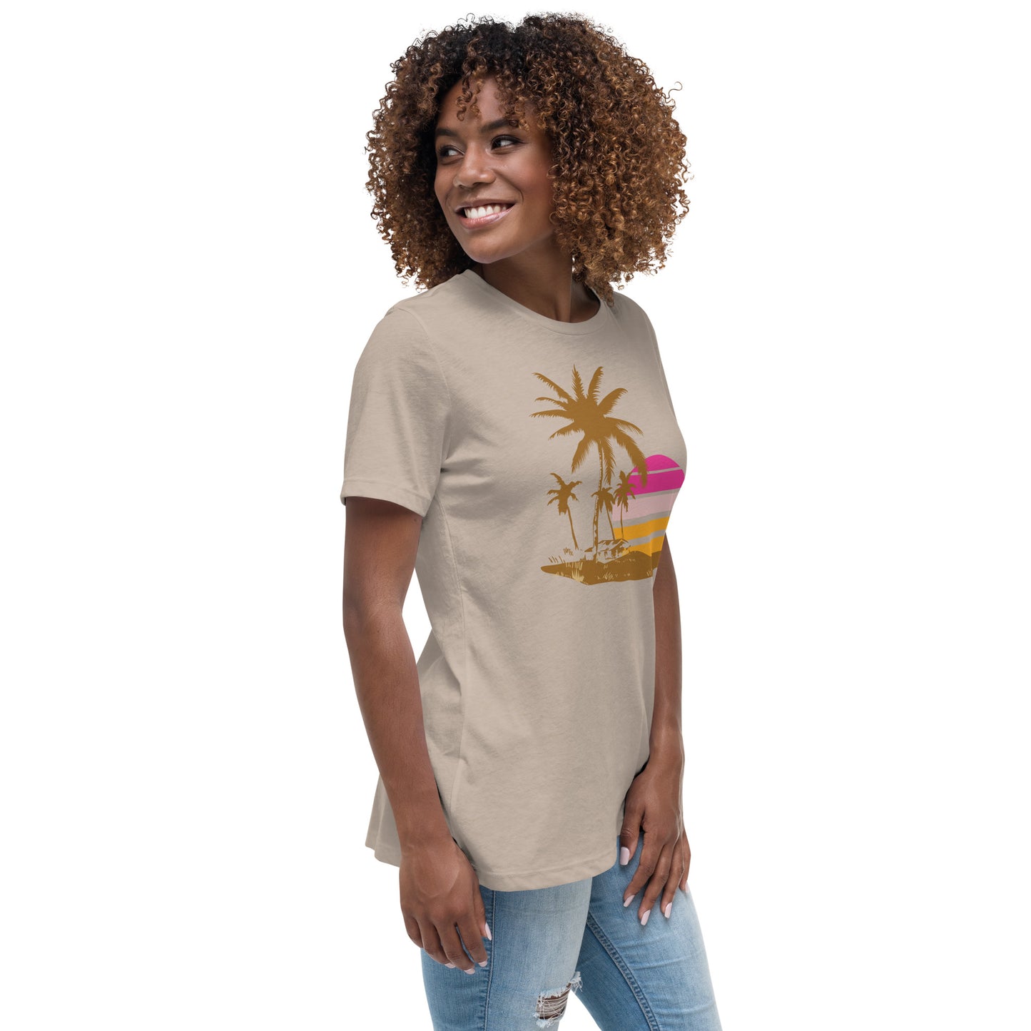 Woman with stone T-shirt and a picture of brown palm trees and a pink sunset