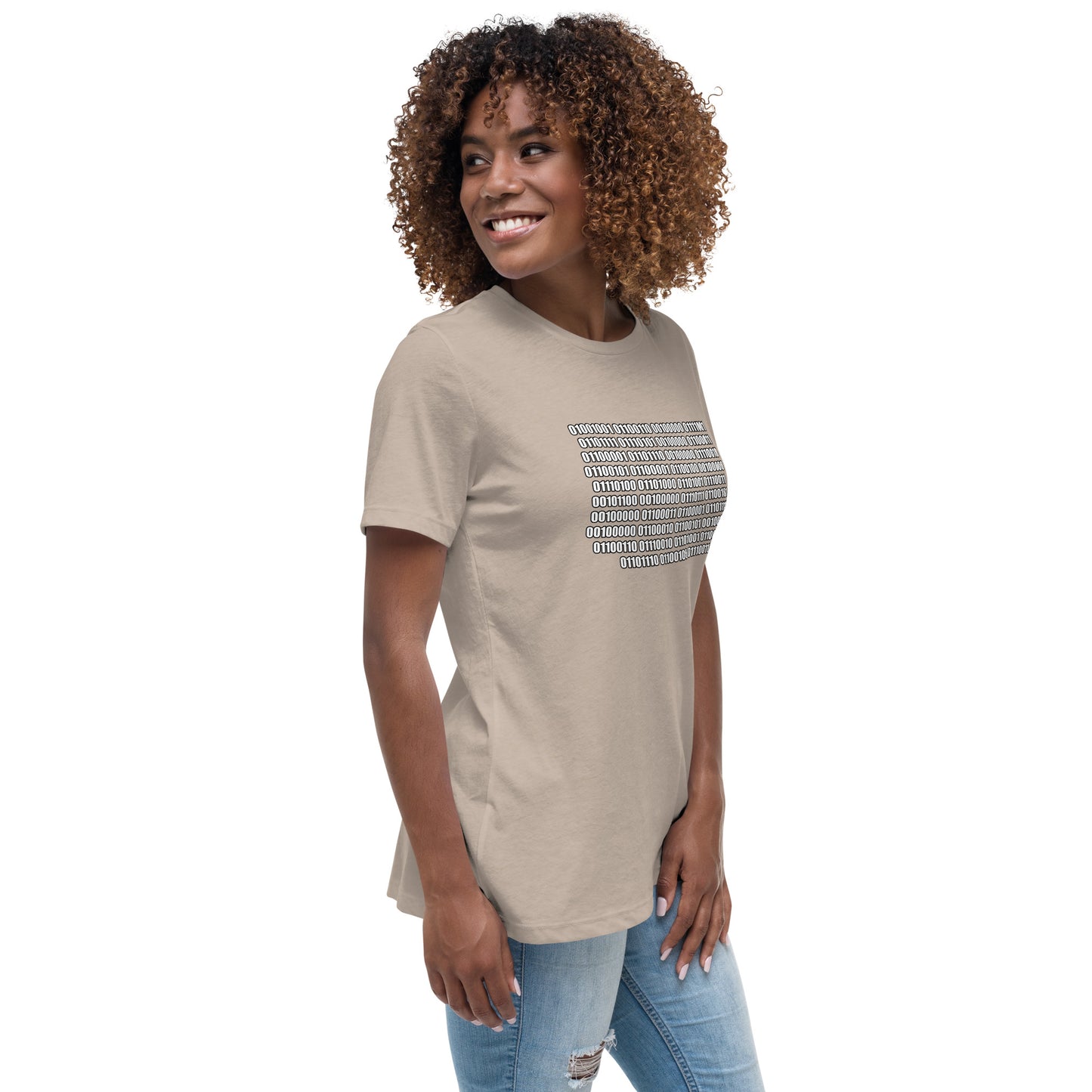 Woman with stone t-shirt with binary code "If you can read this"