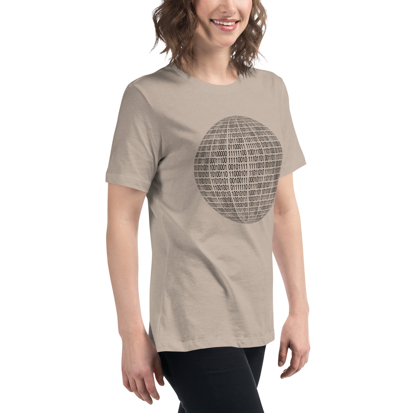 Women with heather stone T-shirt with binaire sphere