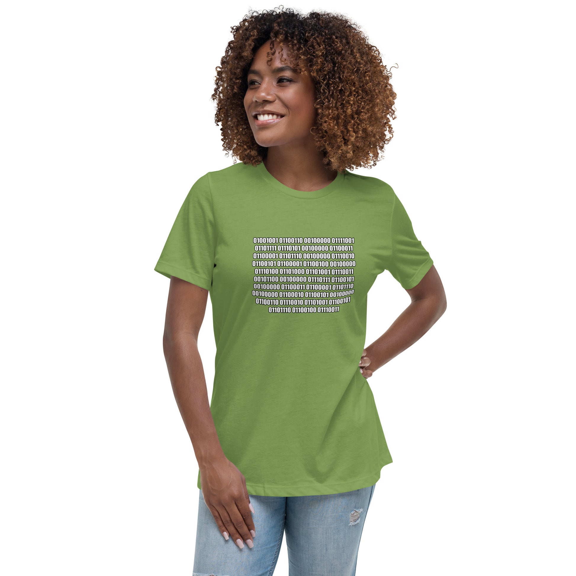 Woman with leaf green t-shirt with binary code "If you can read this"