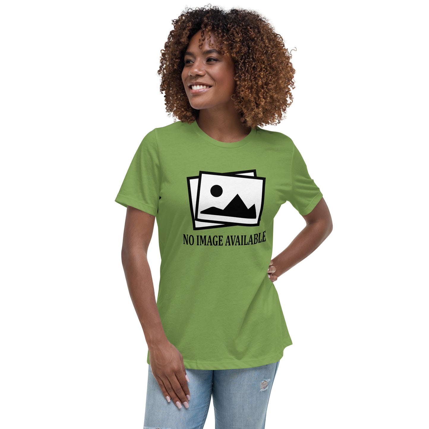 Women with leaf green t-shirt with image and text "no image available"