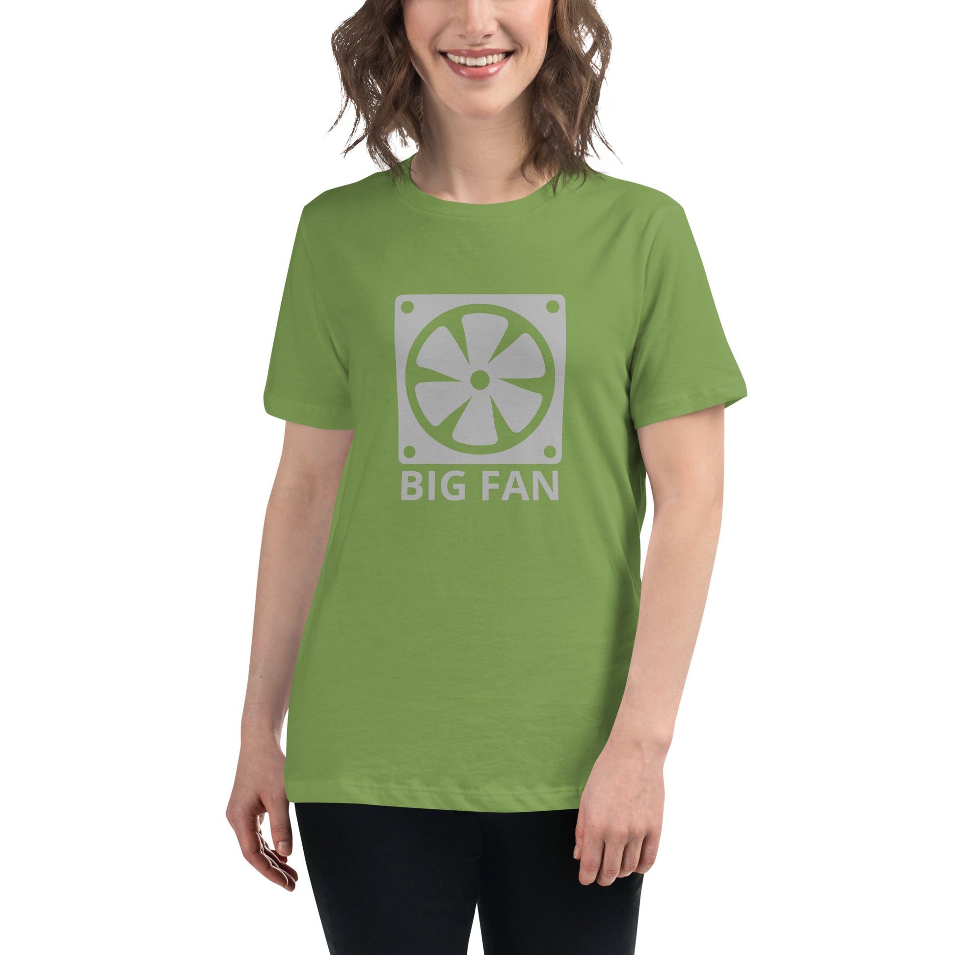 Women with leaf green t-shirt with image of a big computer fan and the text "BIG FAN"