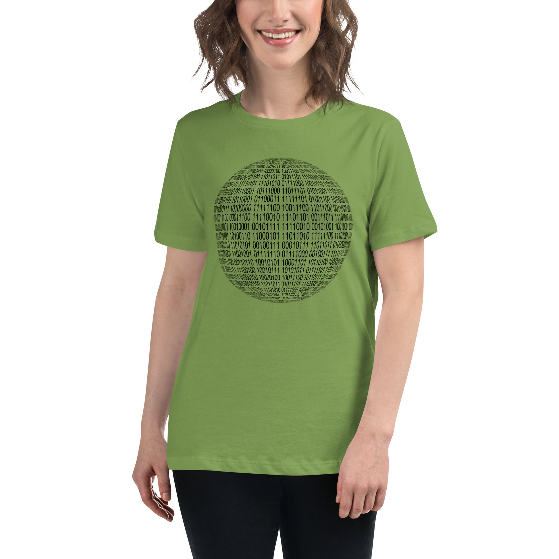 Women with leaf green T-shirt with binaire sphere