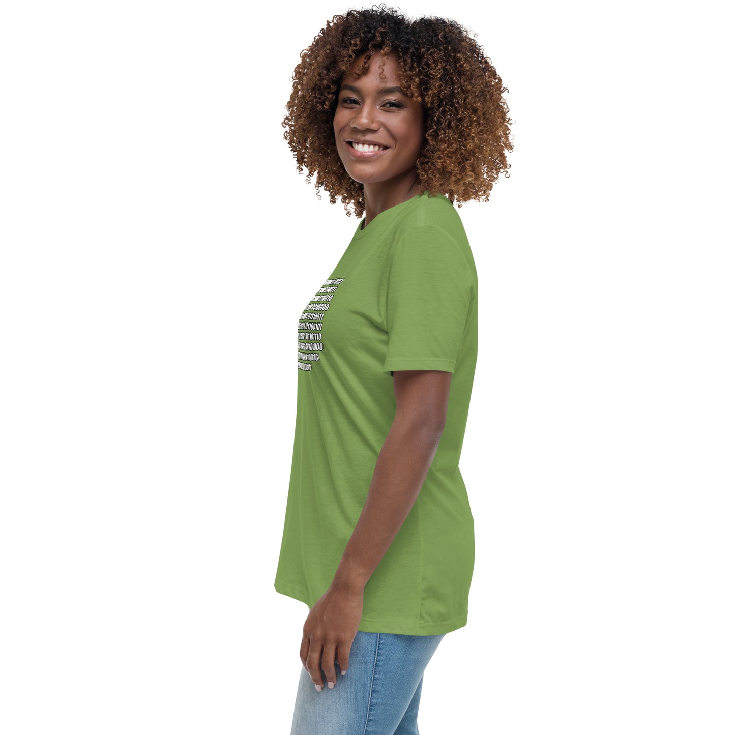 Woman with leaf green t-shirt with binary code "If you can read this"