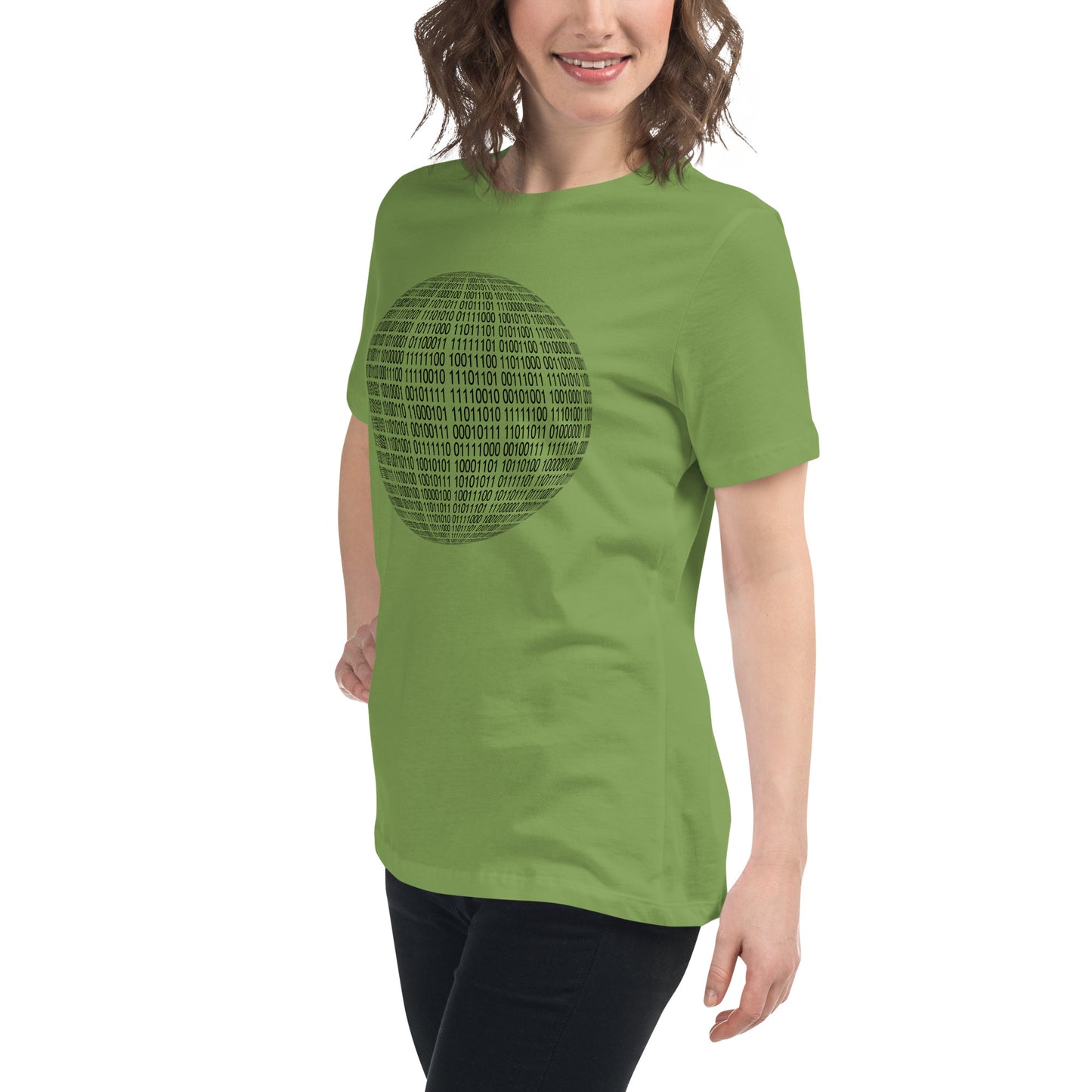 Women with leaf green T-shirt with binaire sphere