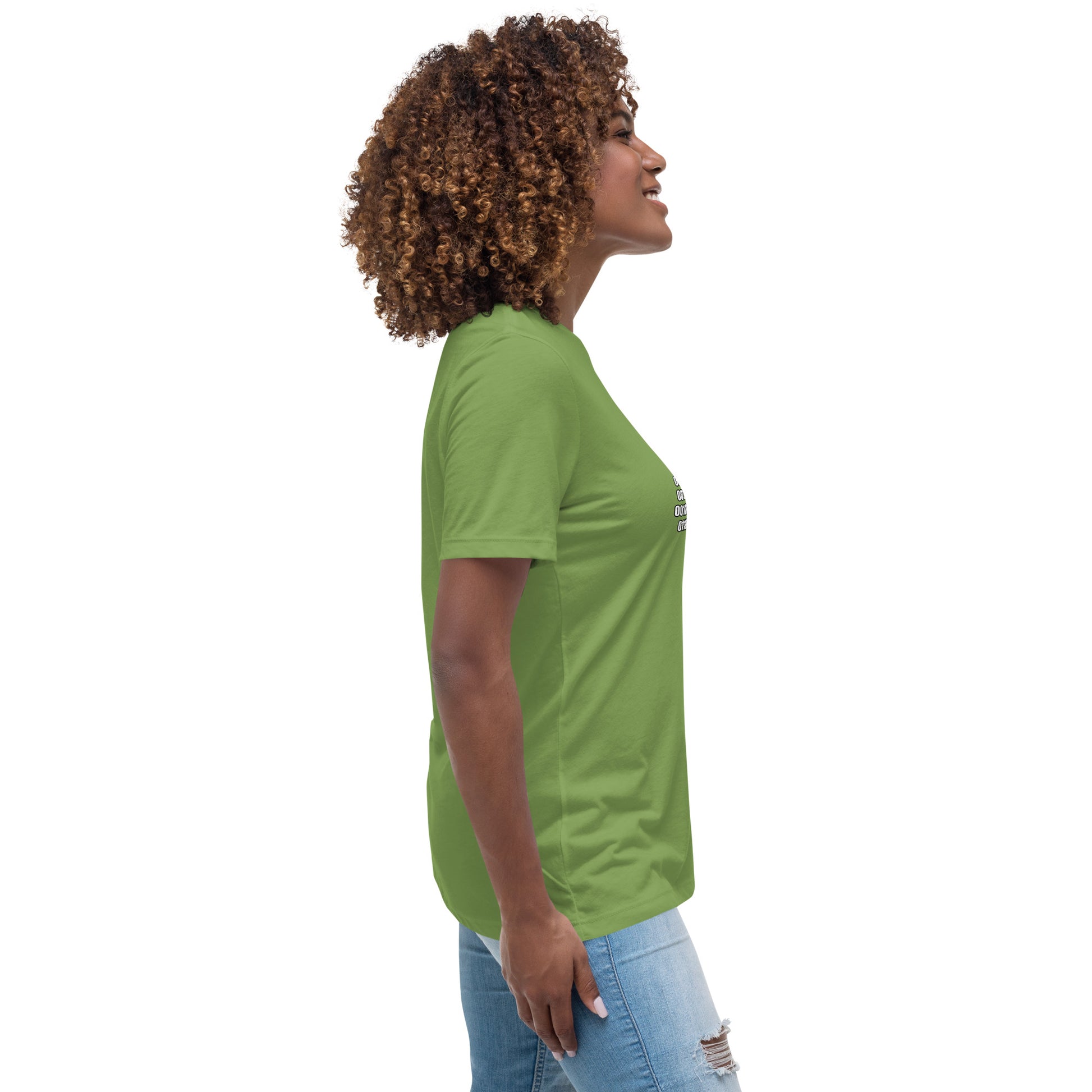 Woman with leaf green t-shirt with binary code "If you can read this"