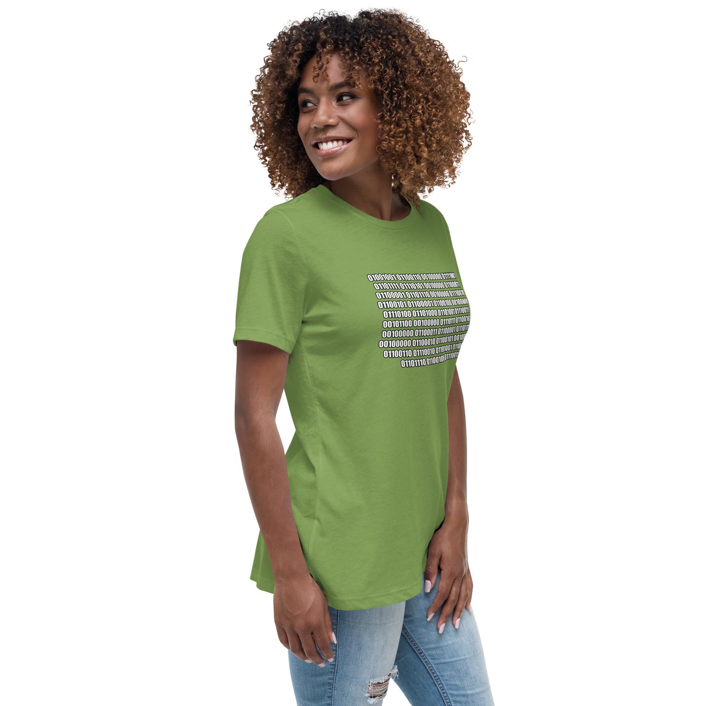 Woman with leaf green t-shirt with binary code "If you can read this"