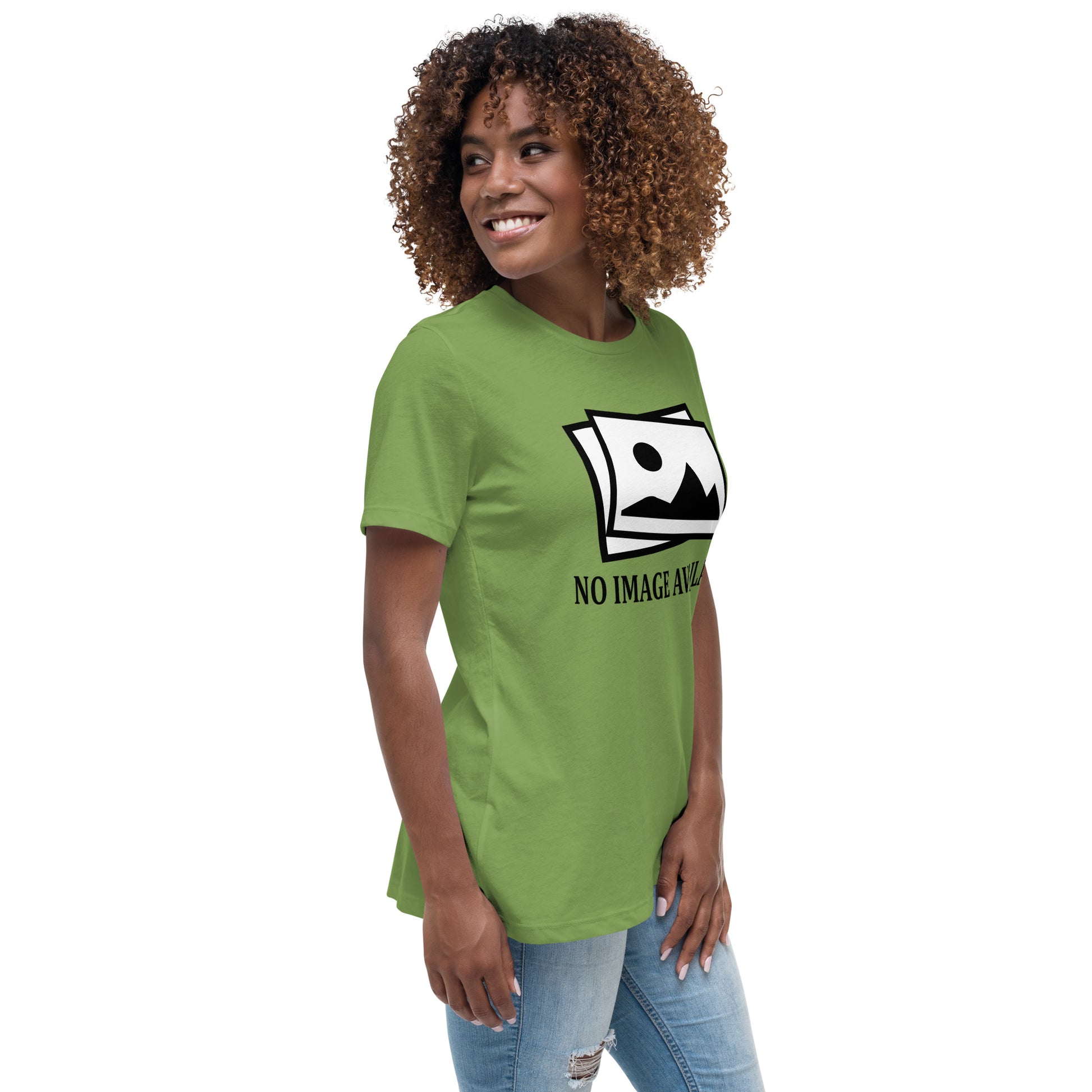 Women with leaf green t-shirt with image and text "no image available"