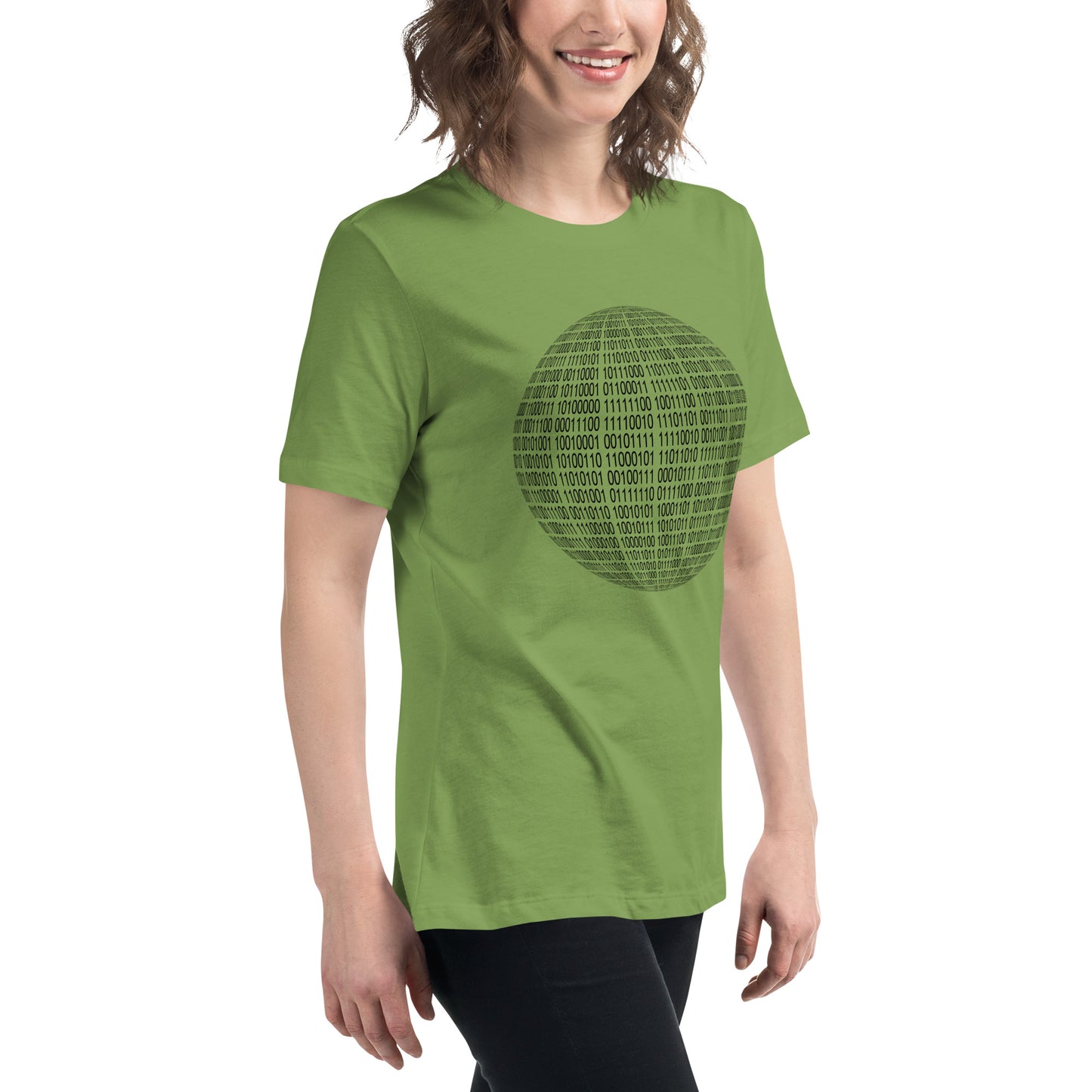 Women with leaf green T-shirt with binaire sphere