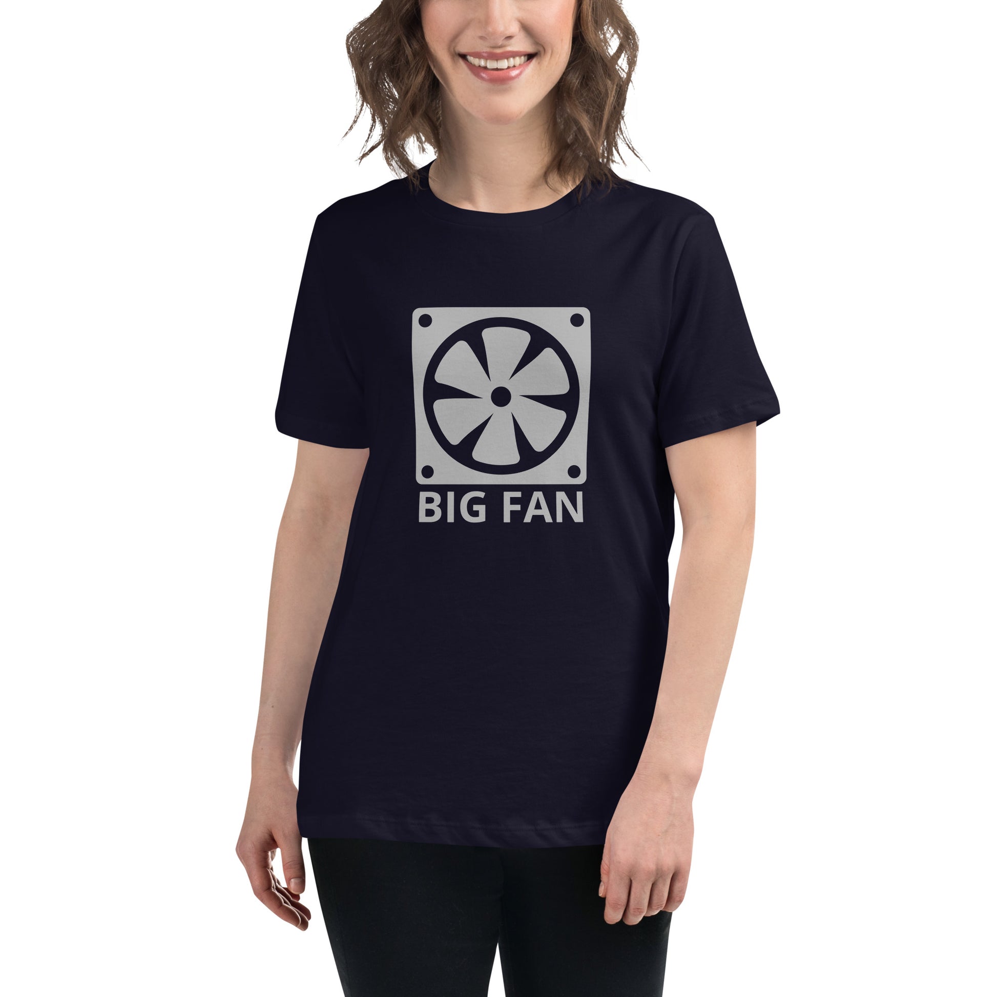 Women with navy blue t-shirt with image of a big computer fan and the text "BIG FAN"