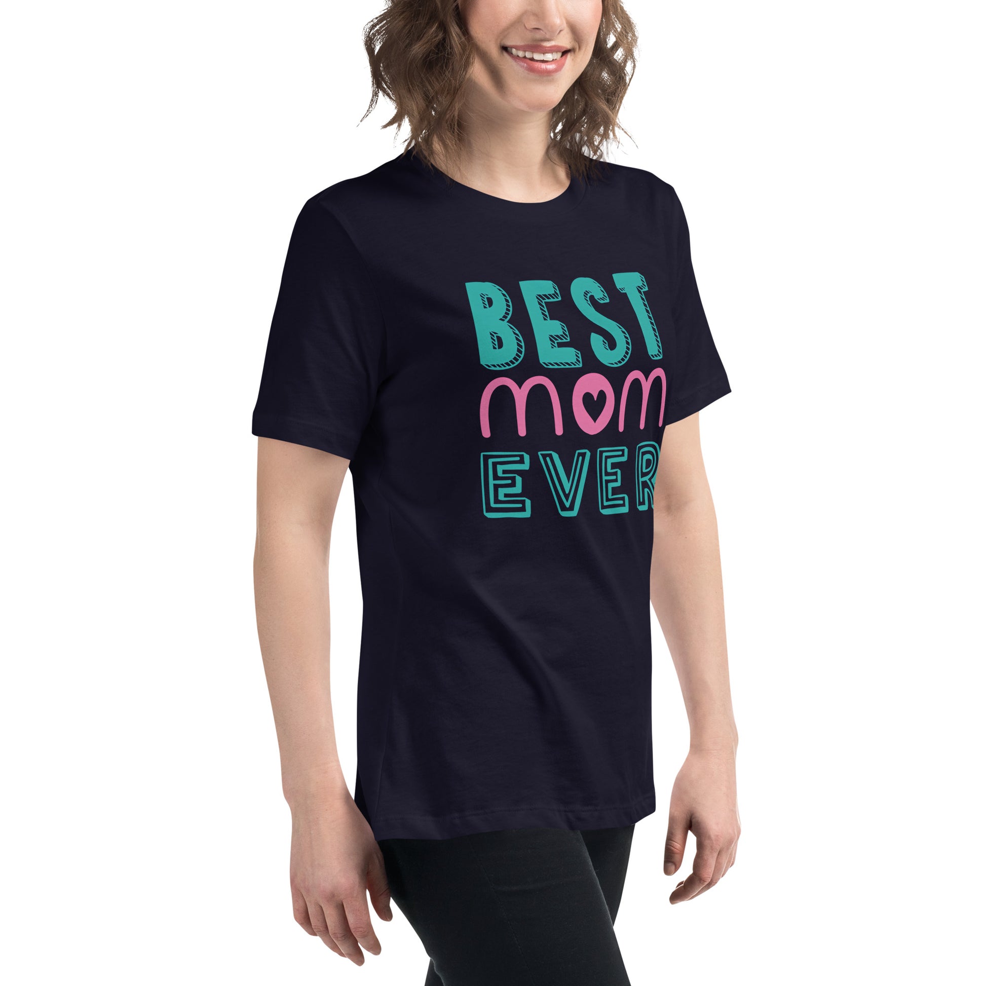 Women with navy blue Tshirt with text best MOM Ever
