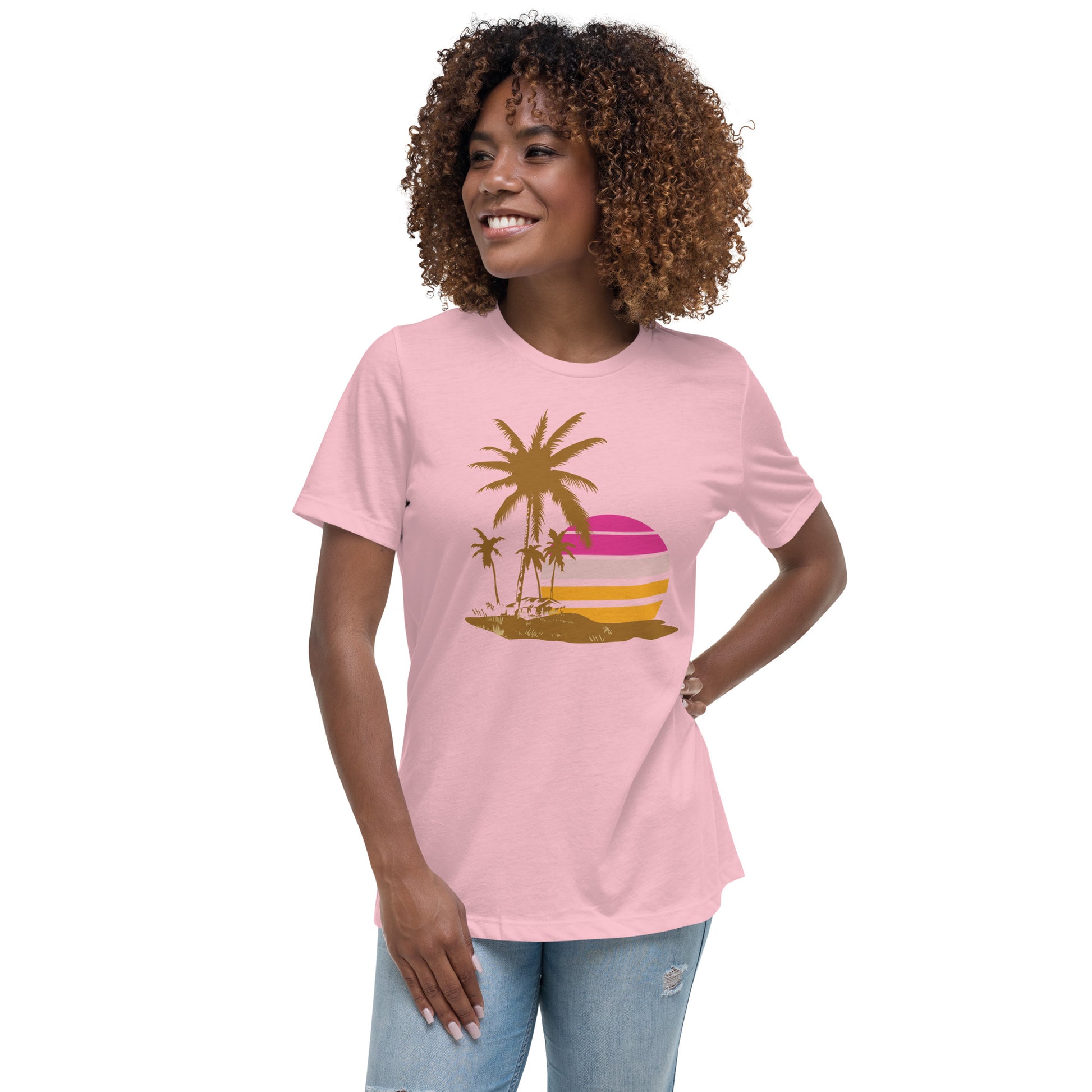 Woman with pink T-shirt and a picture of brown palm trees and a pink sunset