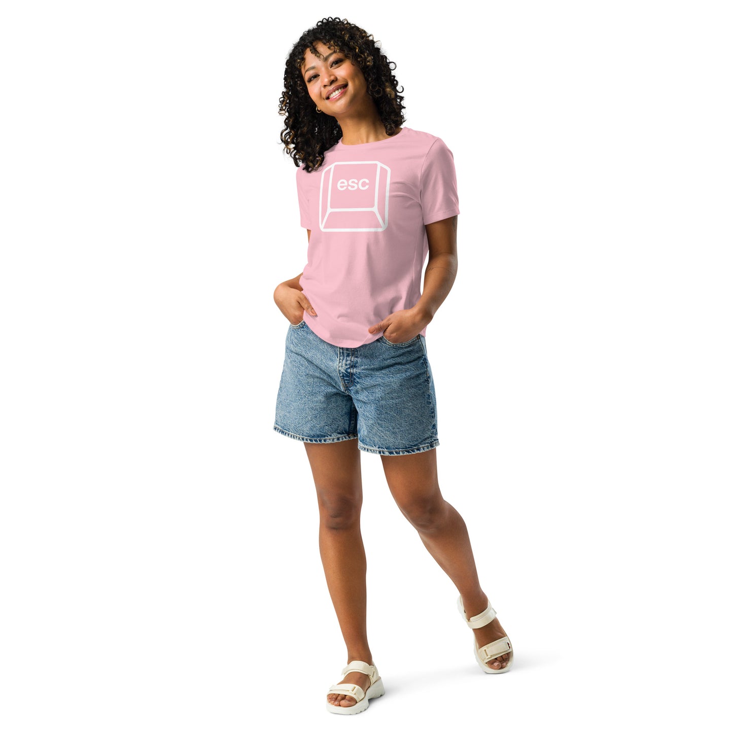 Woman with pink t-shirt with picture of esc key