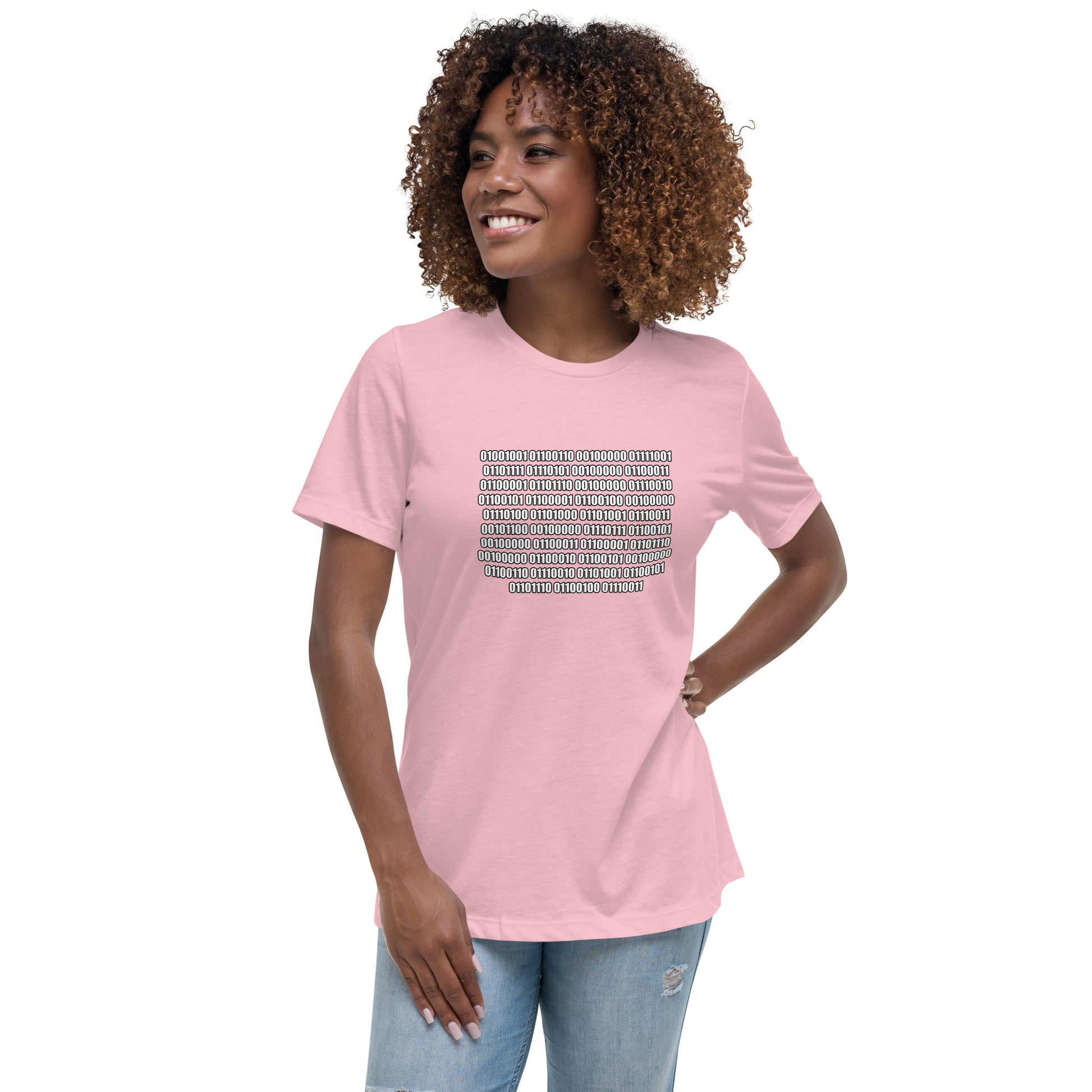 Woman with pink t-shirt with binary code "If you can read this"