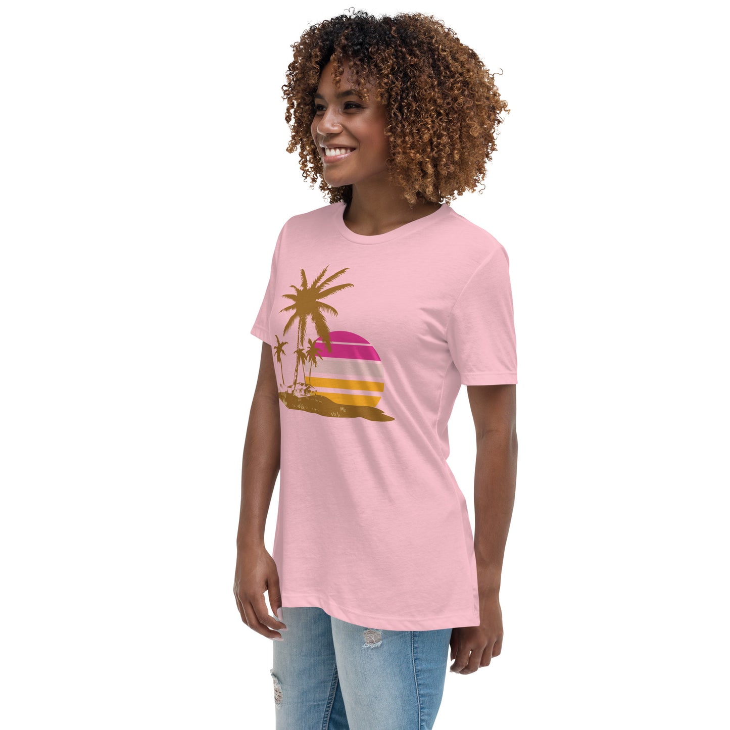 Woman with pink T-shirt and a picture of brown palm trees and a pink sunset