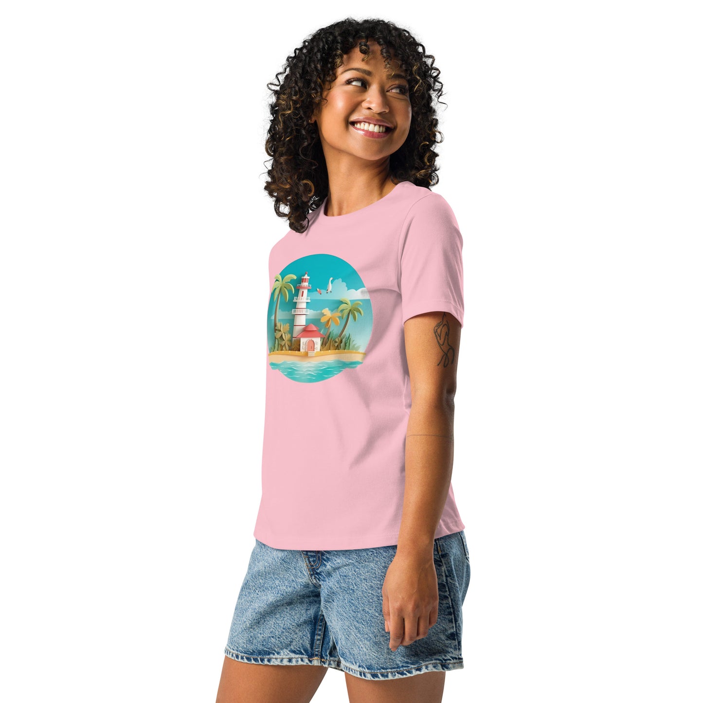 Woman with pink t-shirt with picture of lighthouse and palm trees