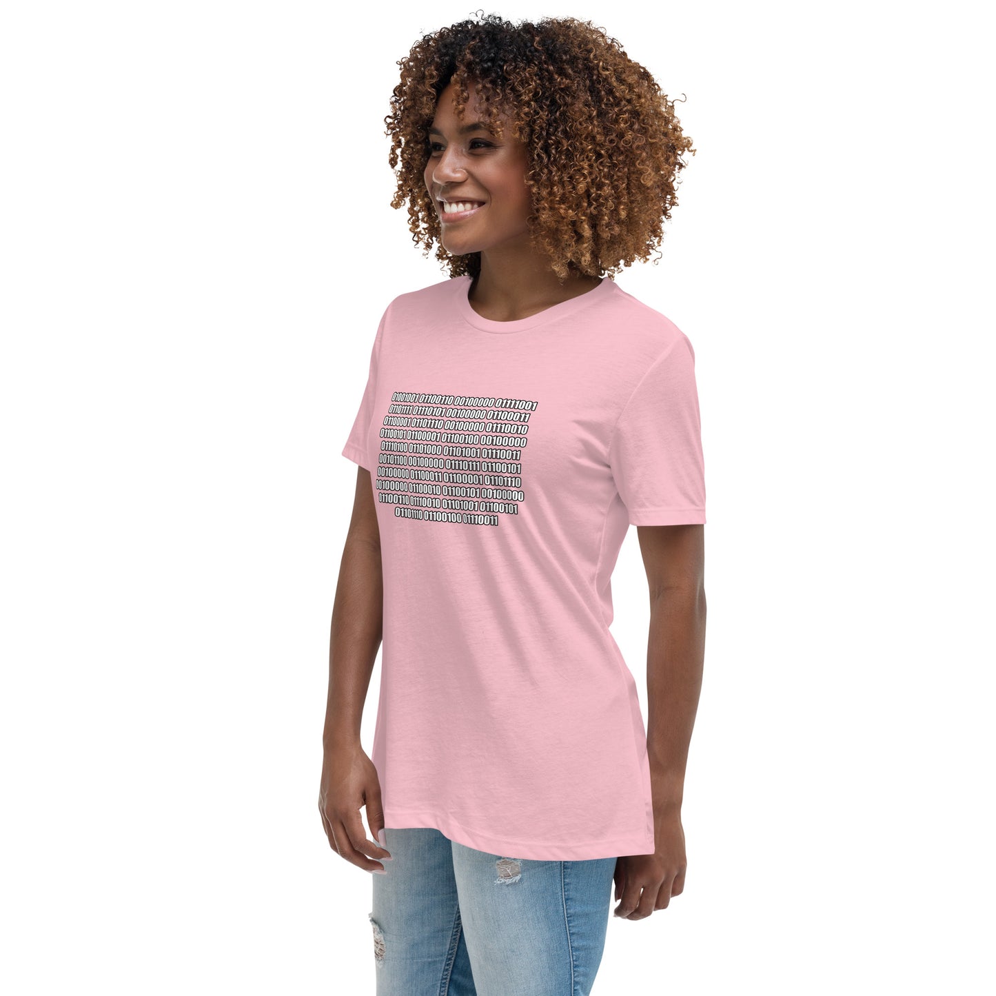 Woman with pink t-shirt with binary code "If you can read this"