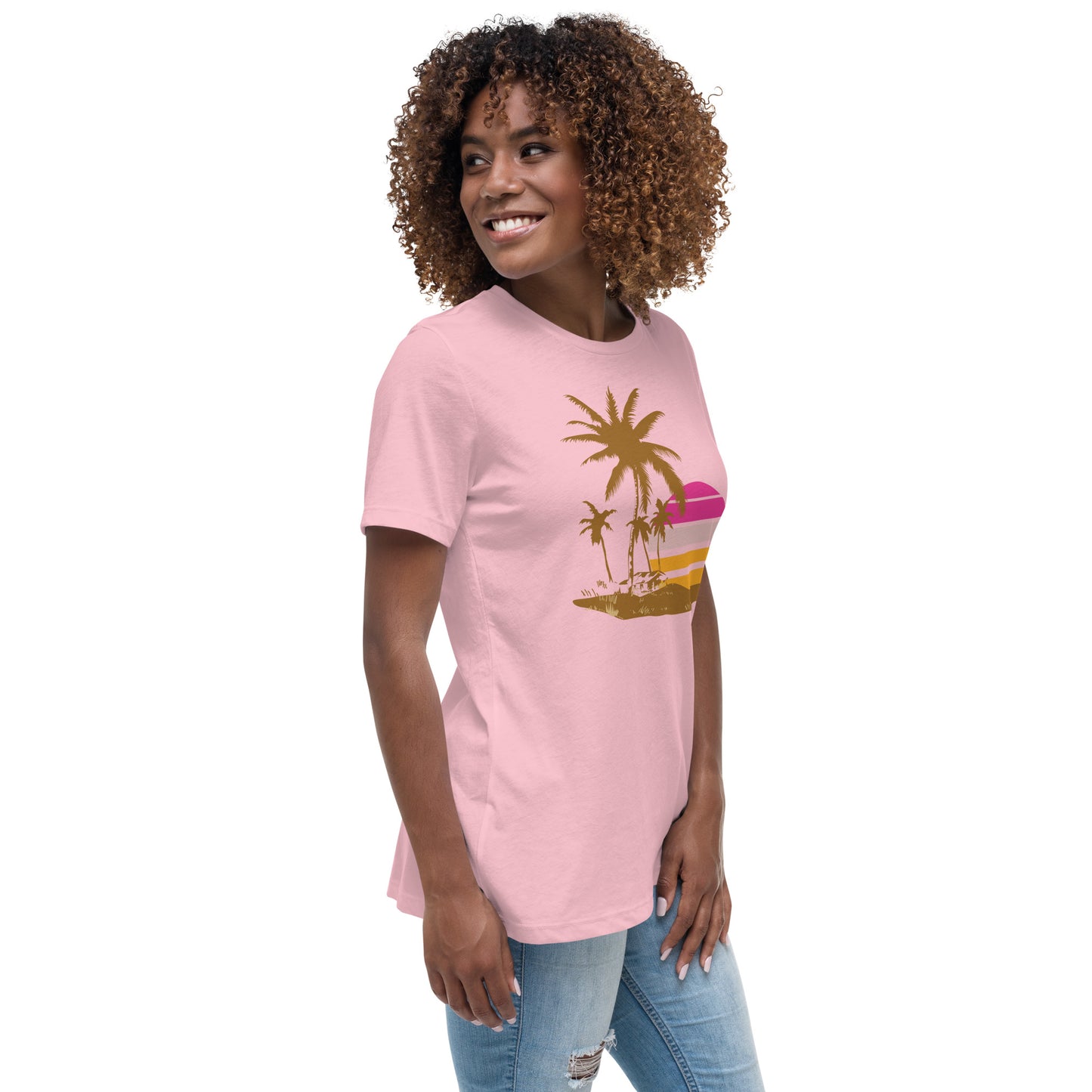 Woman with pink T-shirt and a picture of brown palm trees and a pink sunset