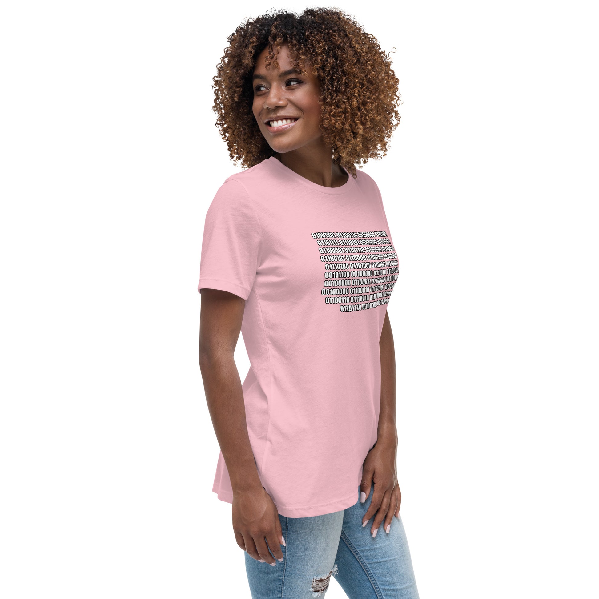 Woman with pink t-shirt with binary code "If you can read this"