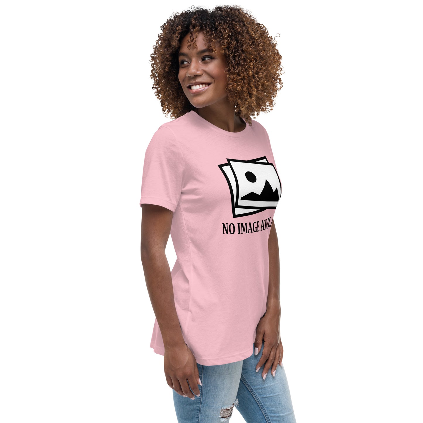 Women with pink t-shirt with image and text "no image available"