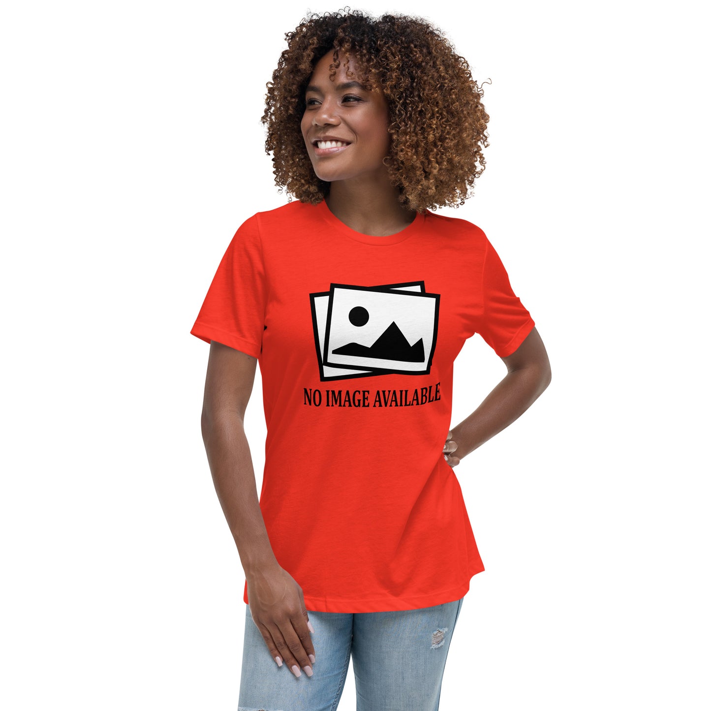 Women with poppy t-shirt with image and text "no image available"