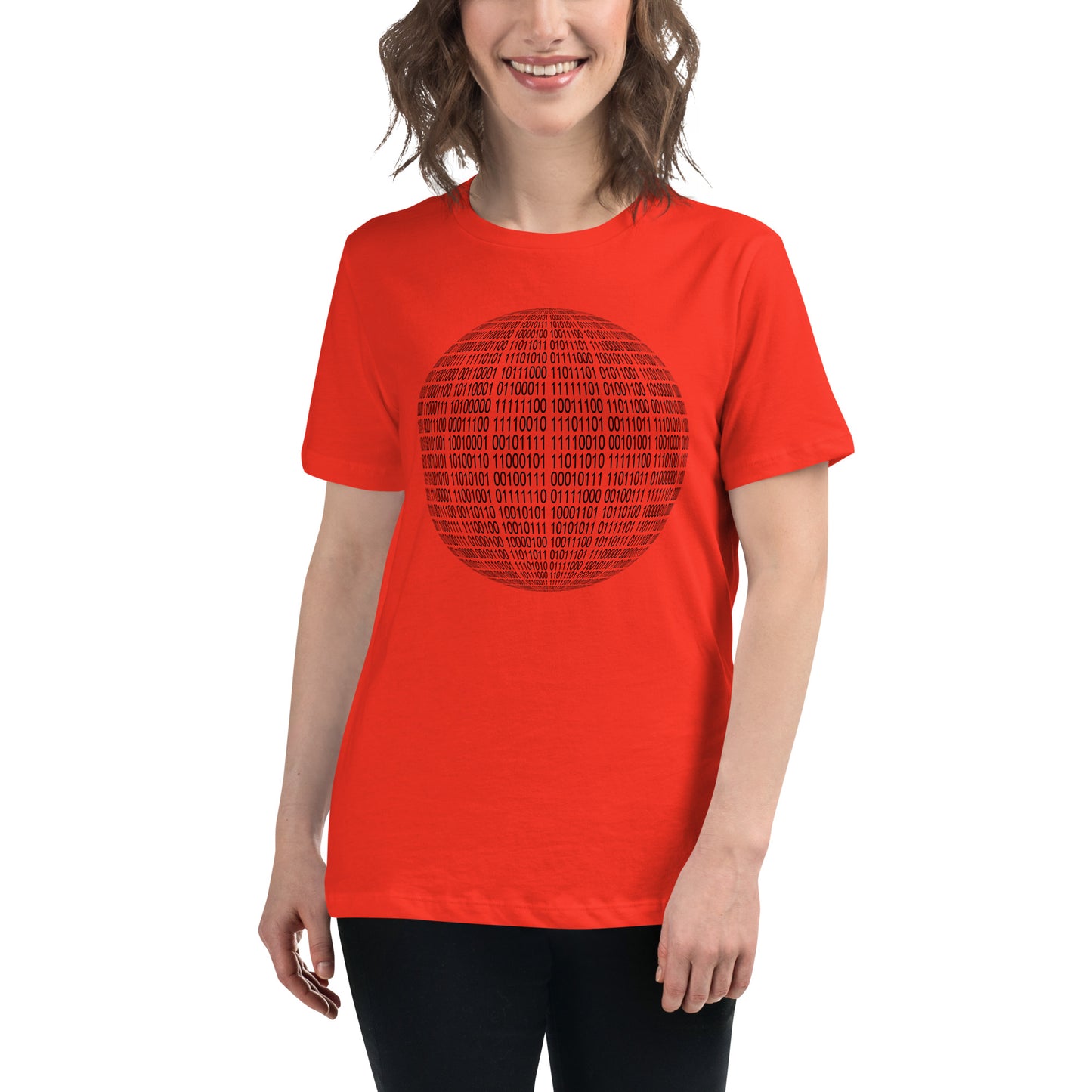 Women with poppy red T-shirt with binaire sphere