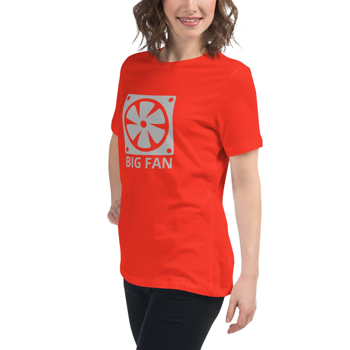 Women with poppy t-shirt with image of a big computer fan and the text "BIG FAN"