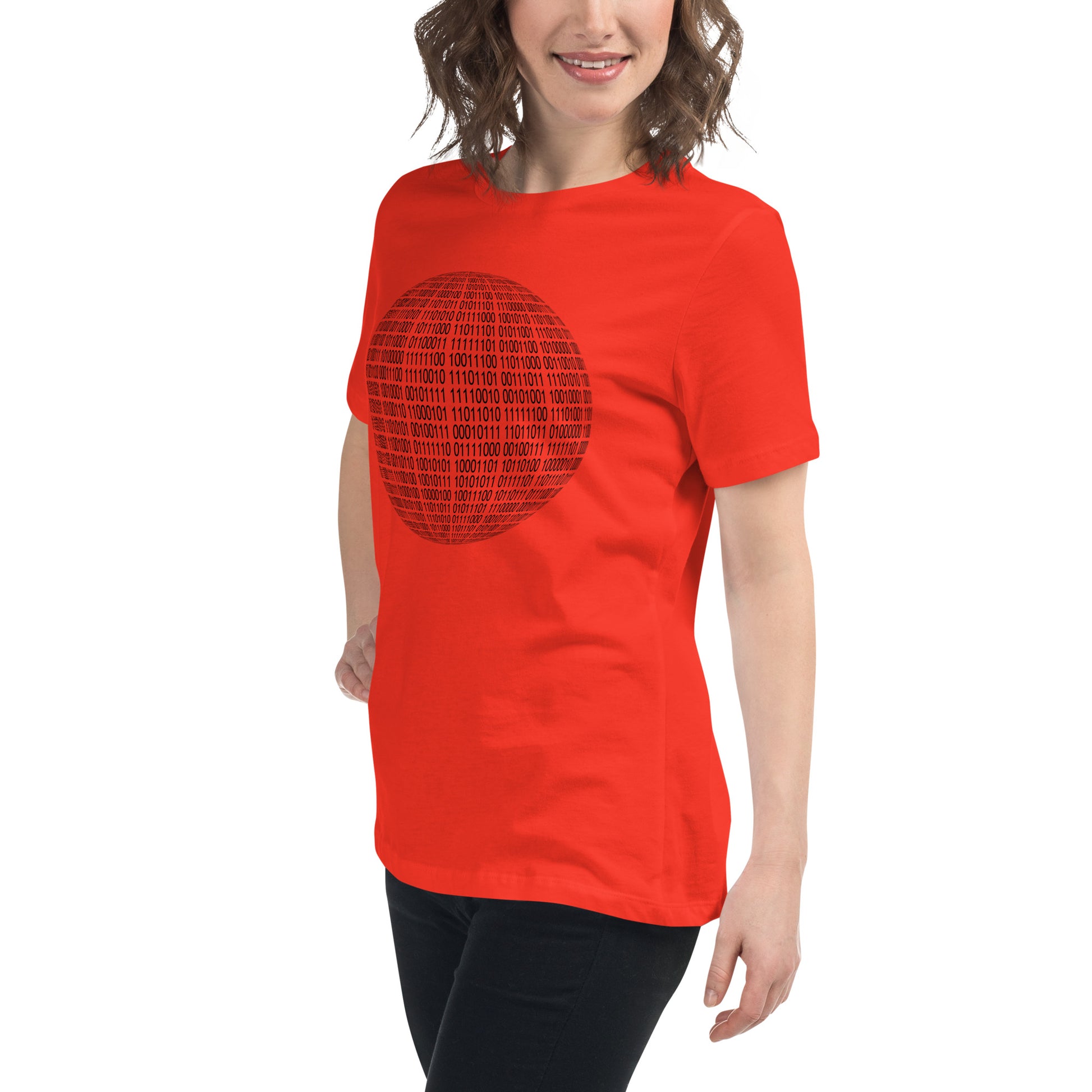 Women with poppy red T-shirt with binaire sphere