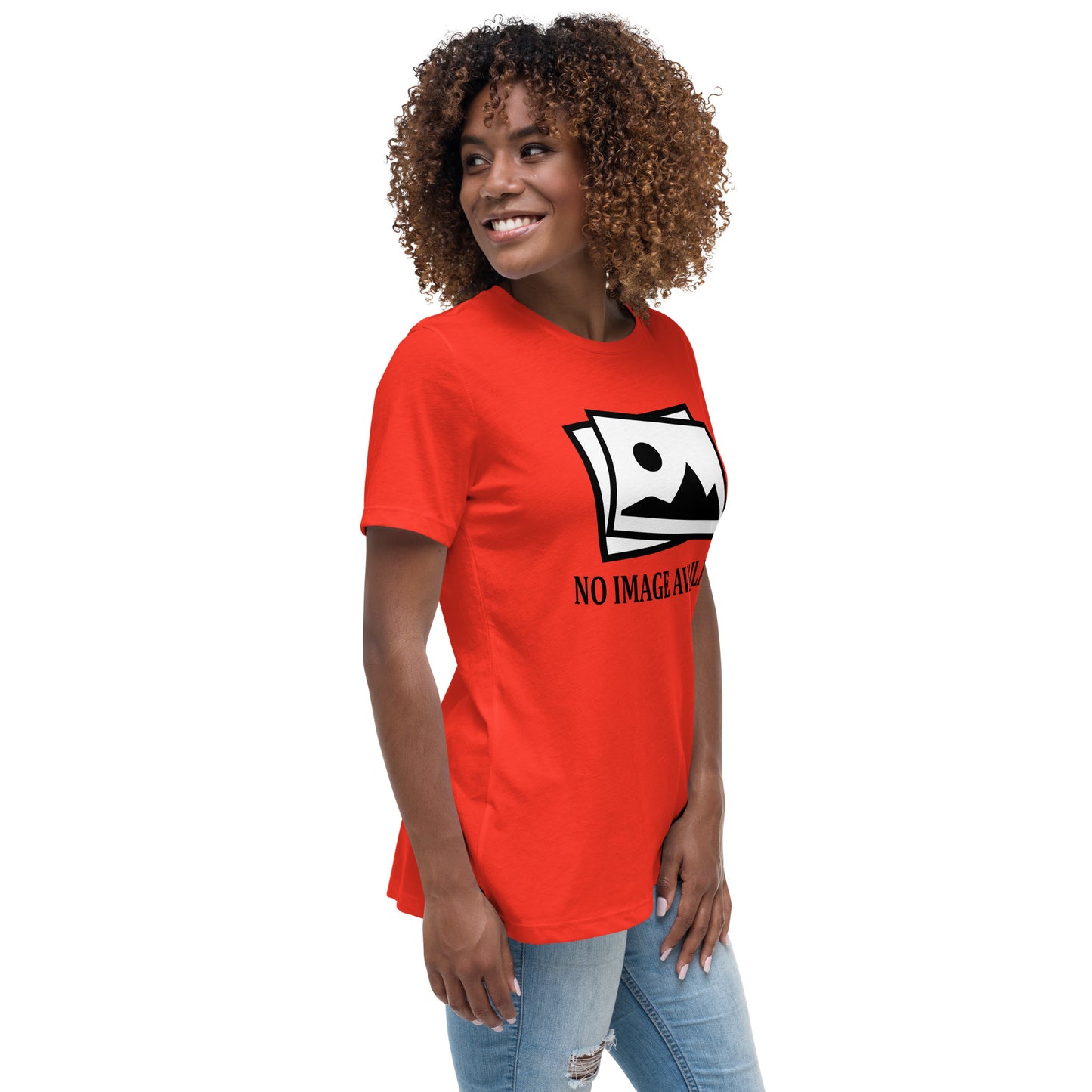 Women with poppy t-shirt with image and text "no image available"